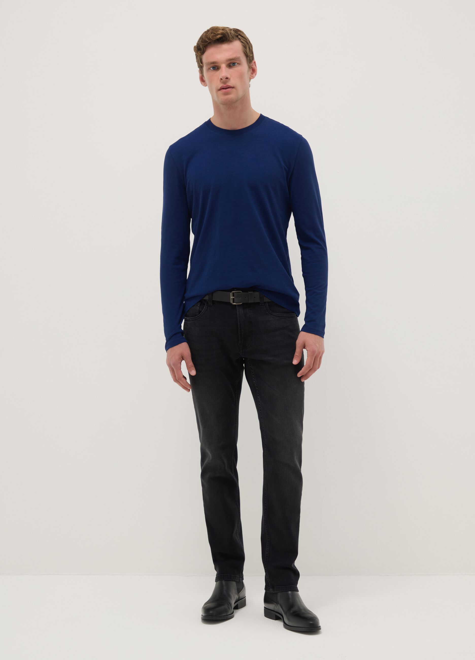 Blue long-sleeve T-shirt in pure cotton, regular fit