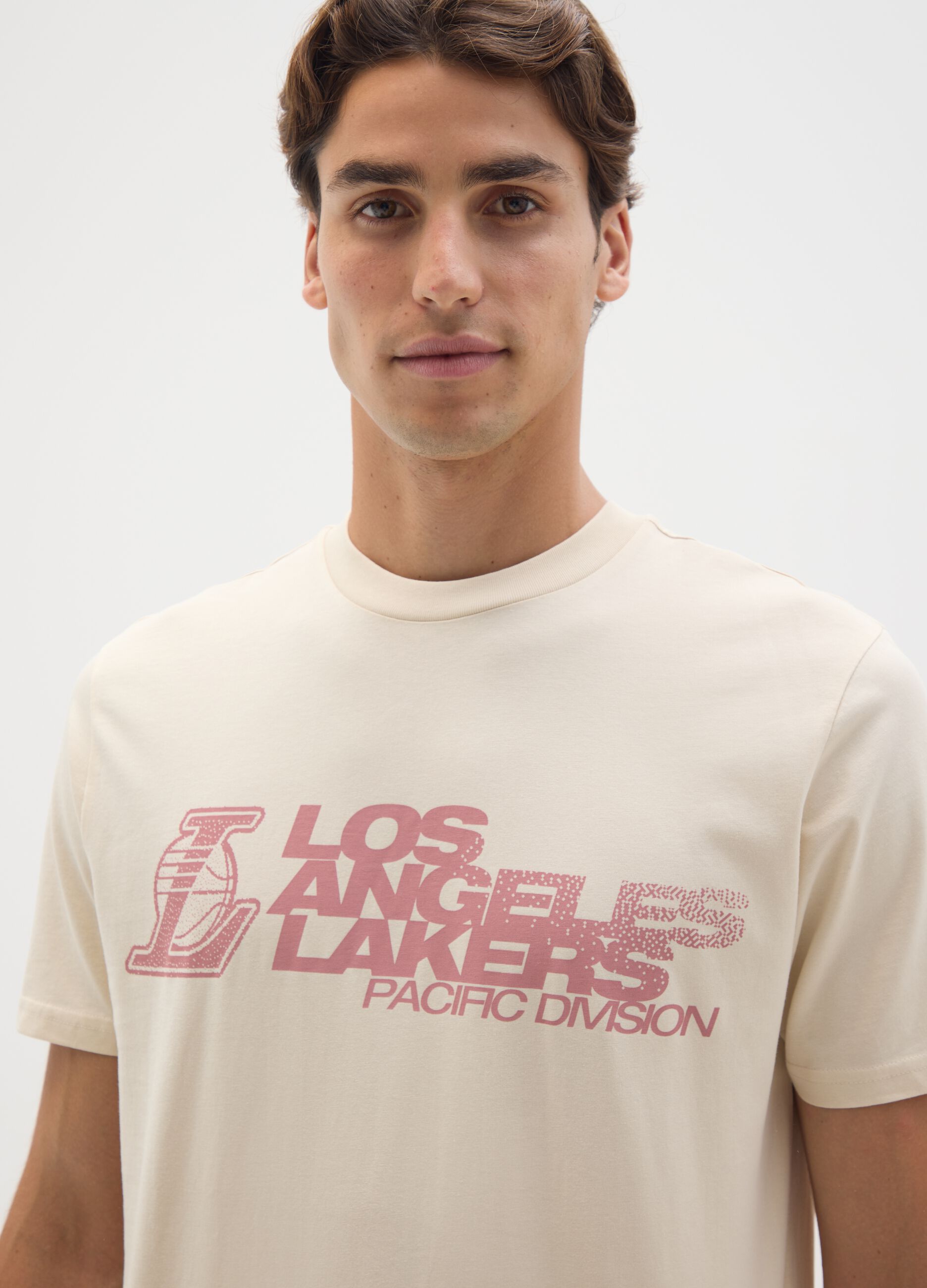 T-shirt in puro cotone beige con stampa Los Angeles Lakers