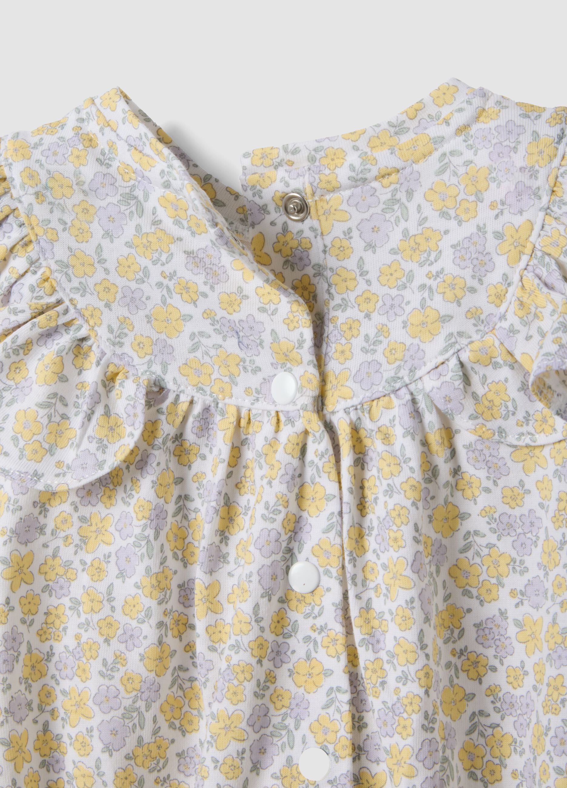 Yellow pure cotton baby girl romper with ruffles and floral print