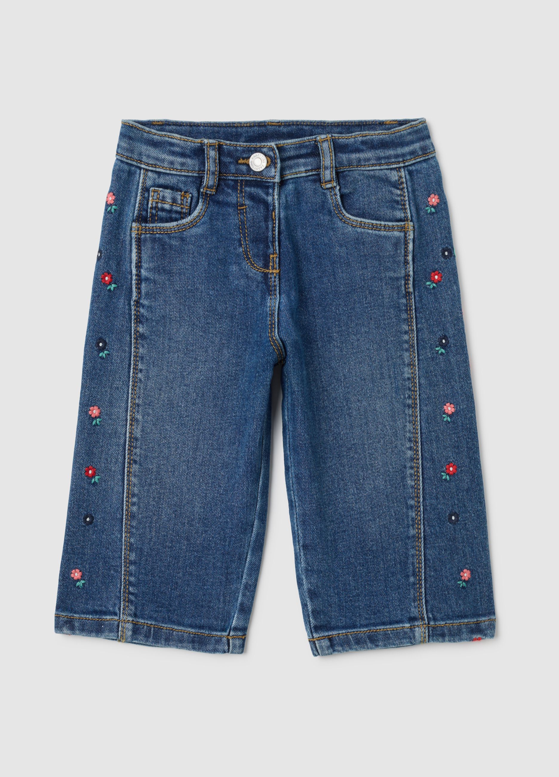 Girls' wide leg blue denim jeans with embroidery