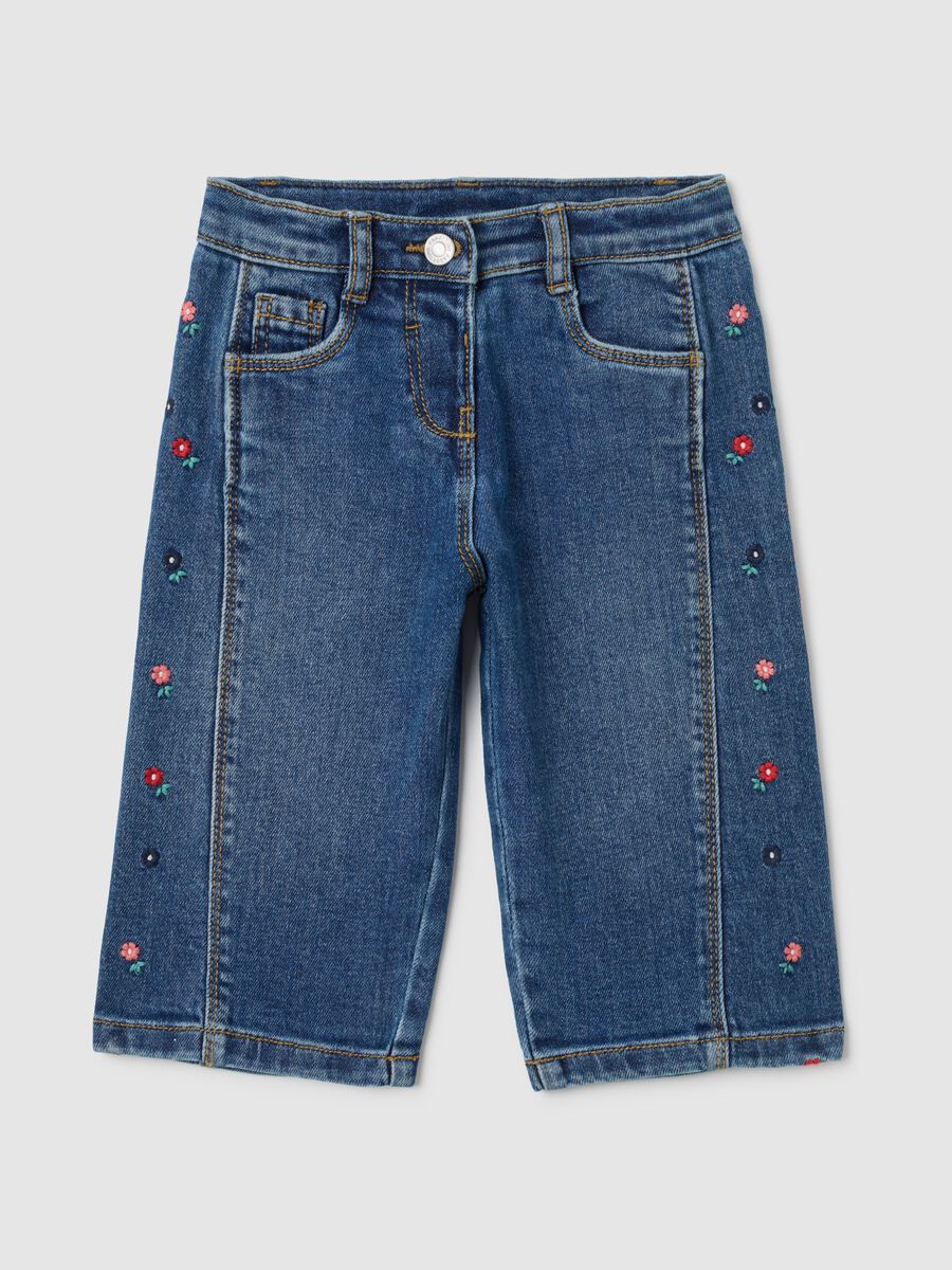 Girls' wide leg blue denim jeans with embroidery_0