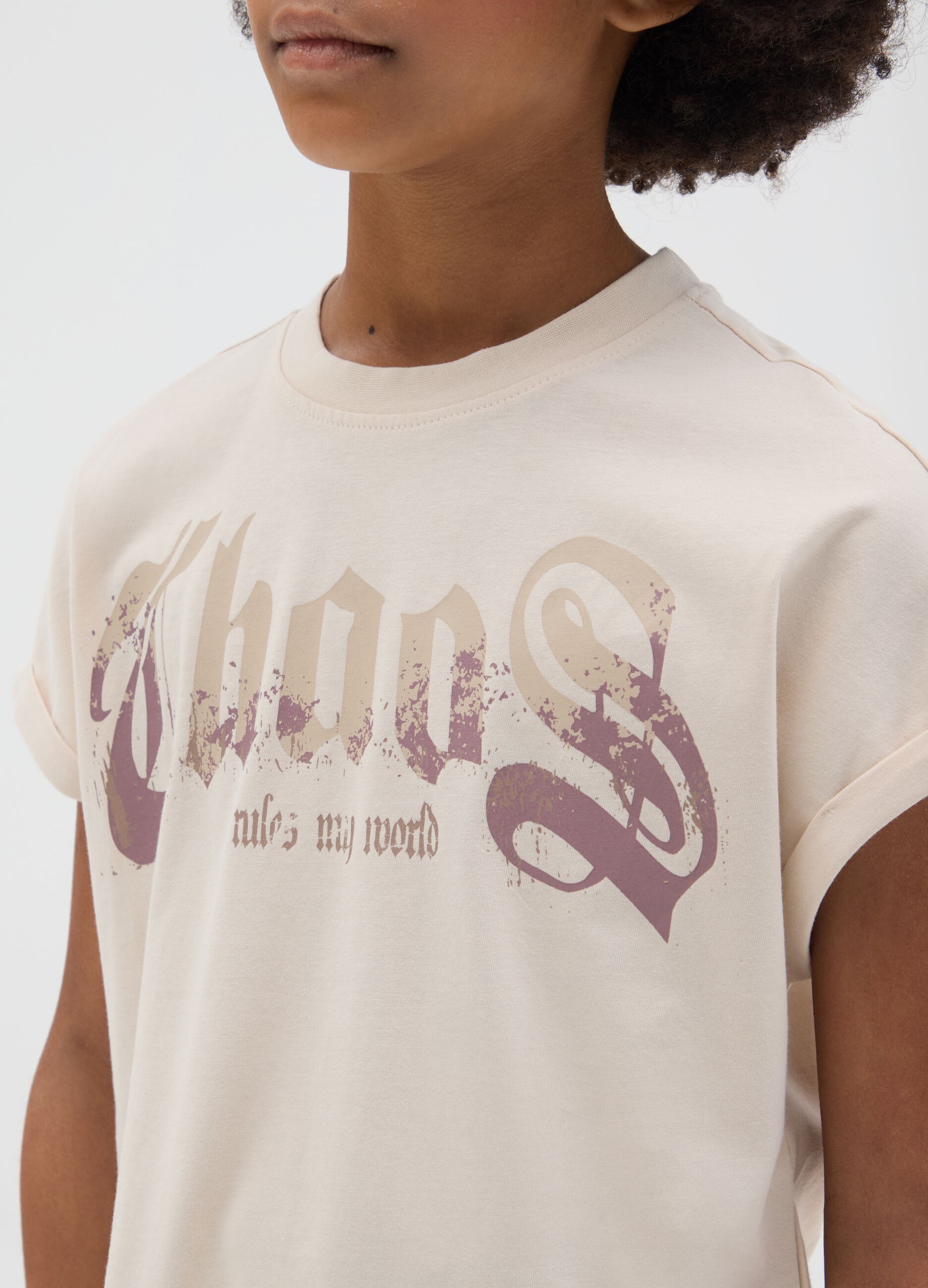 Beige boxy fit cotton t-shirt for girls