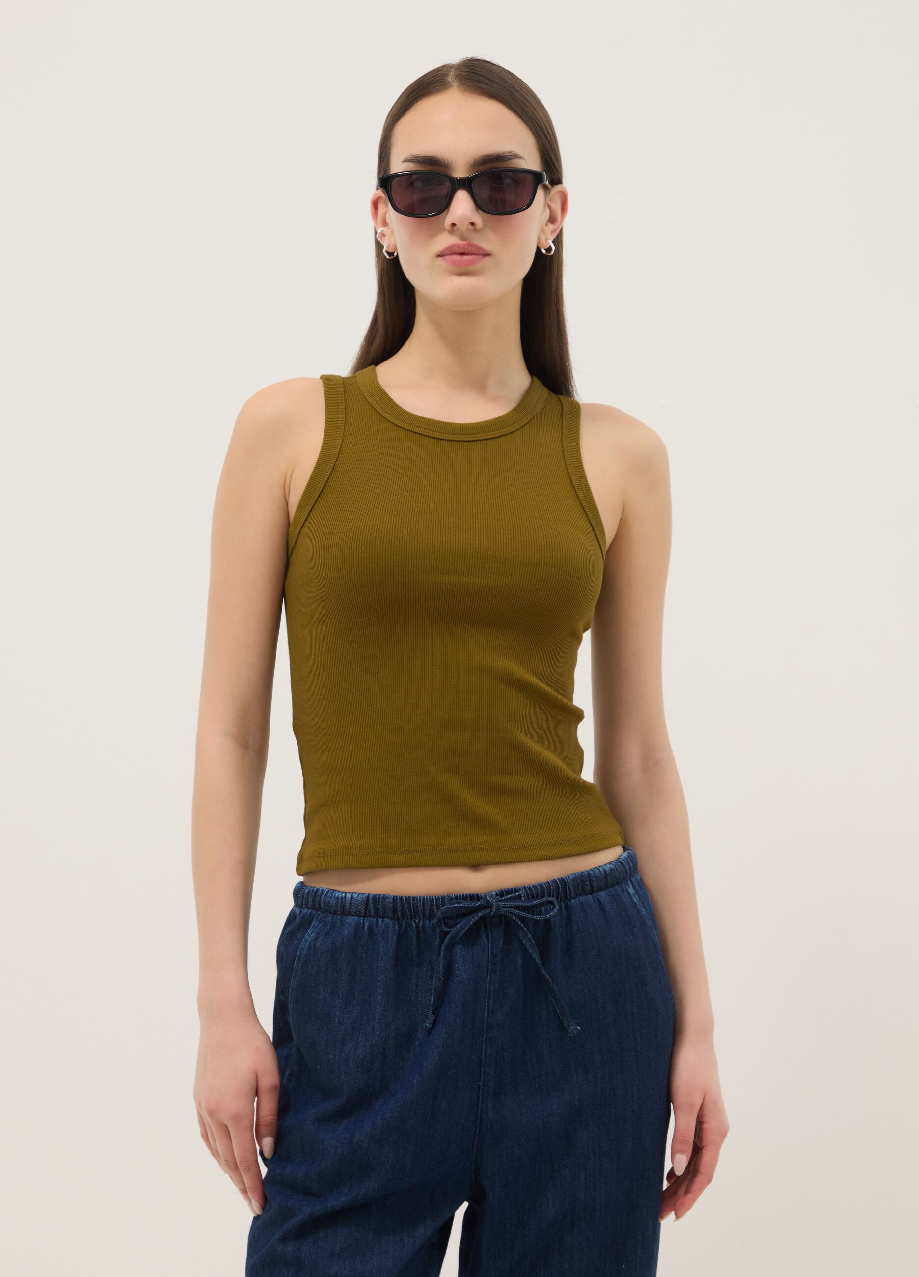 Green fitted ribbed stretch cotton tank top
