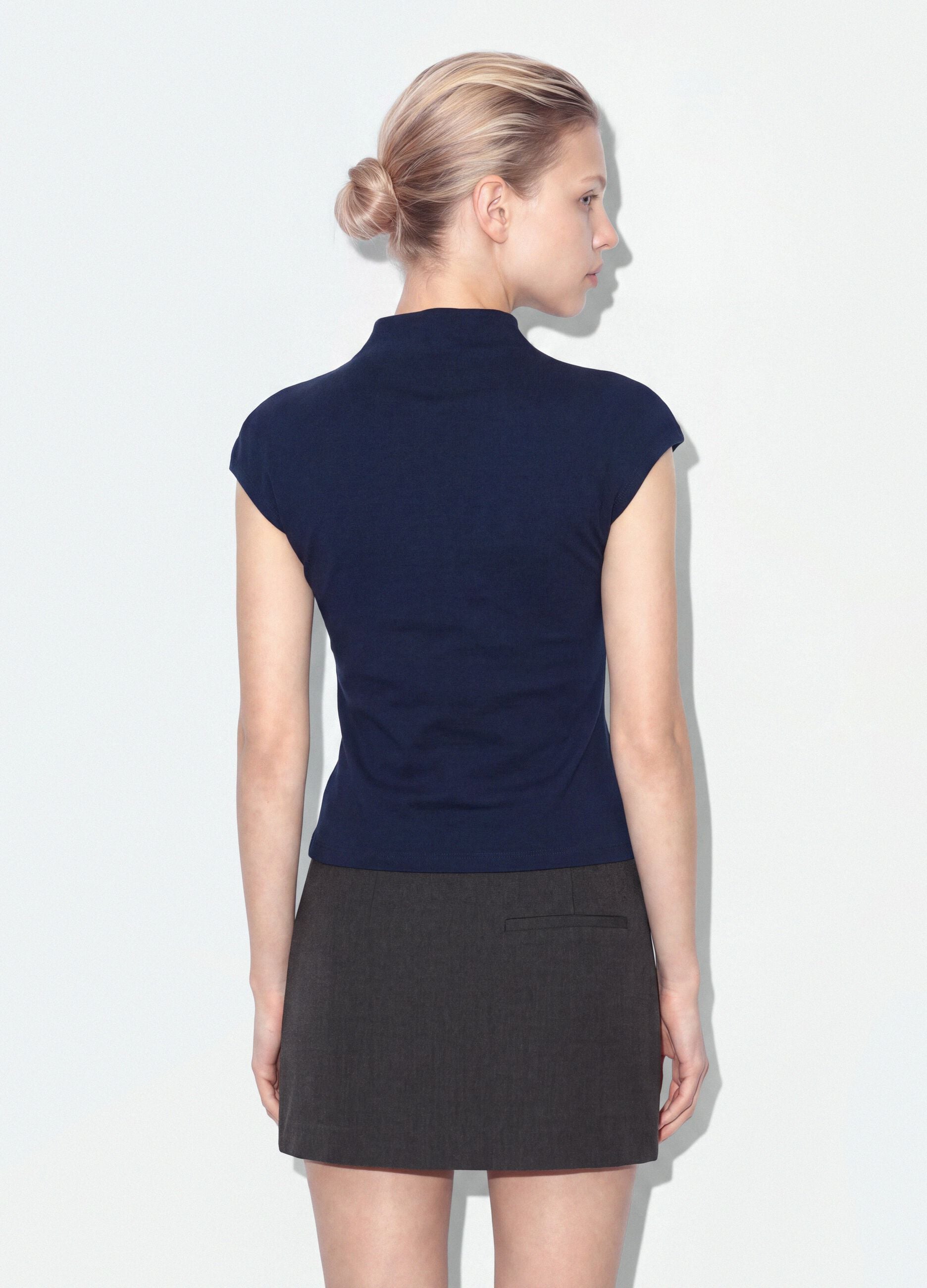 Blue fitted high-neck T-shirt in modal and stretch cotton