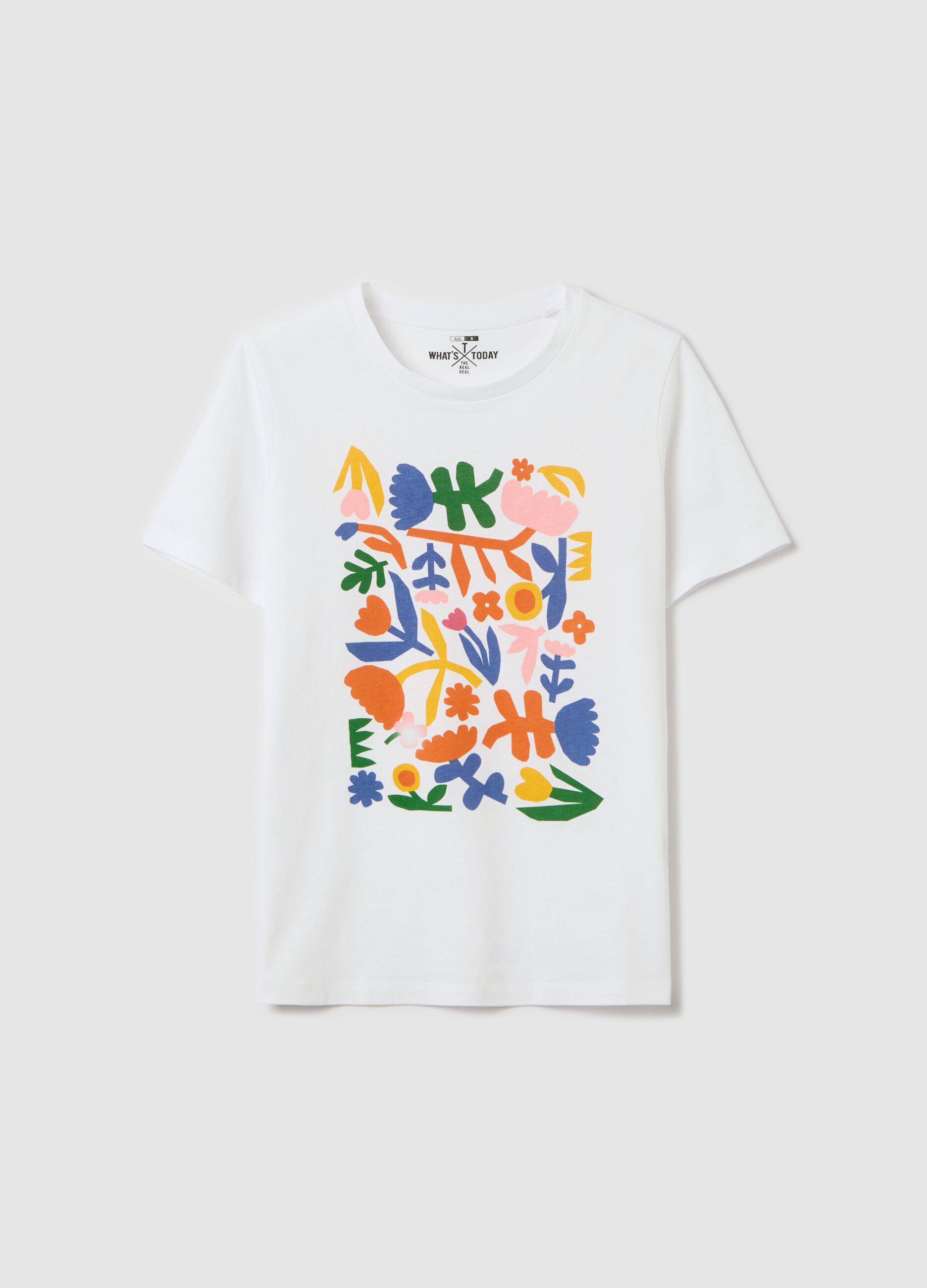 White cotton T-shirt with floral print