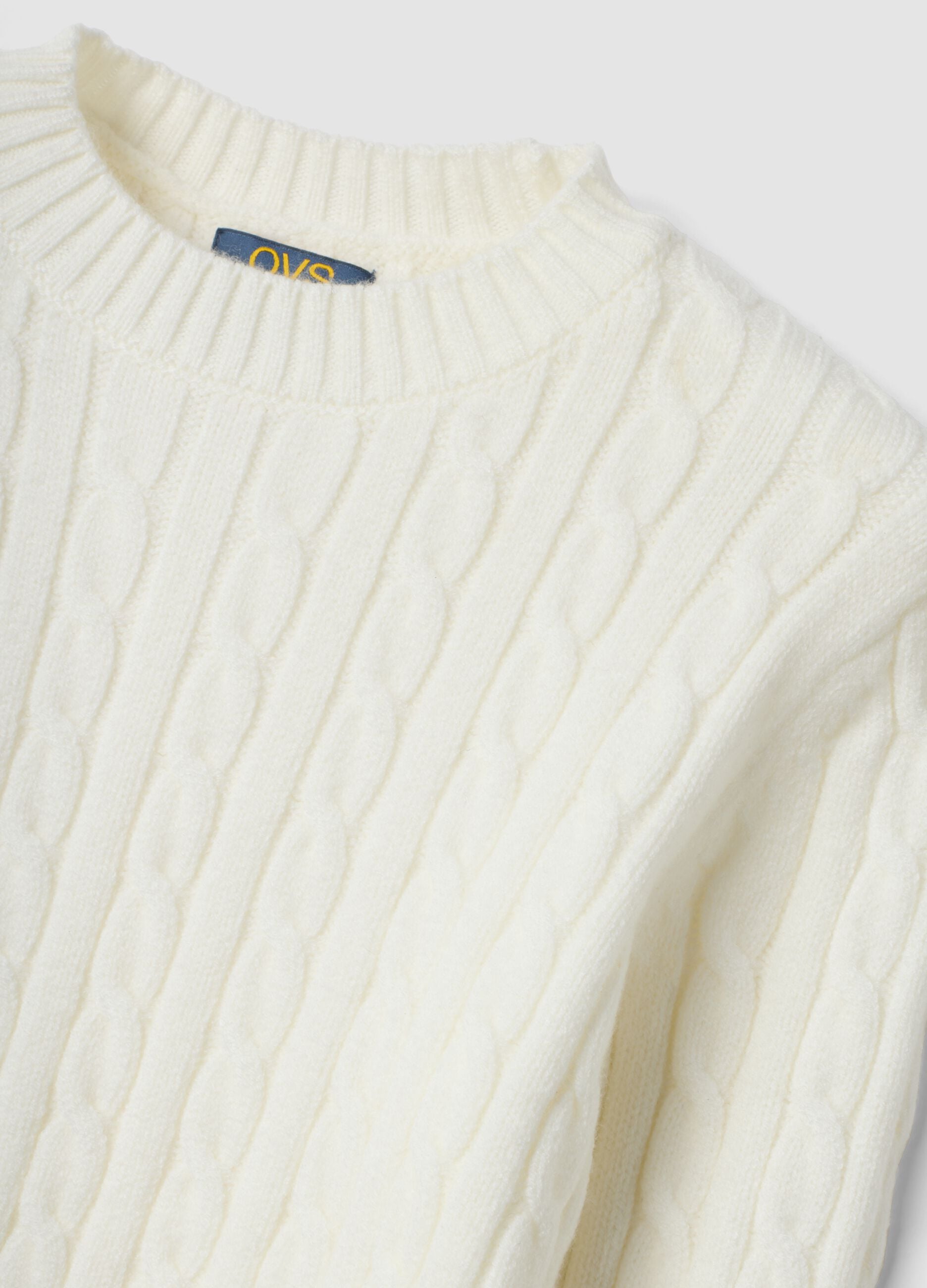 White cable-knit crew-neck jumper, regular fit