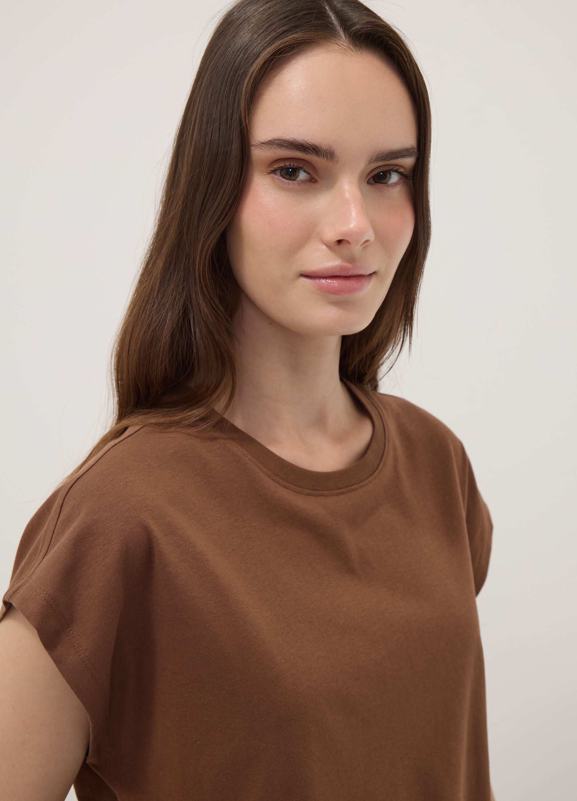 Brown pure cotton short-sleeve regular fit T-shirt