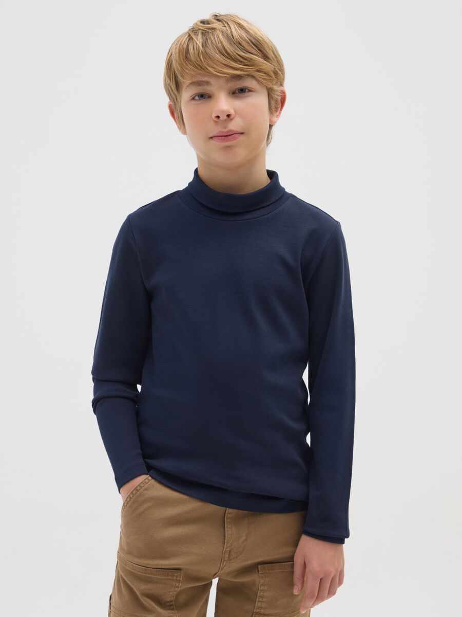 Maglia a collo alto da ragazzo in puro cotone blu regular fit_0