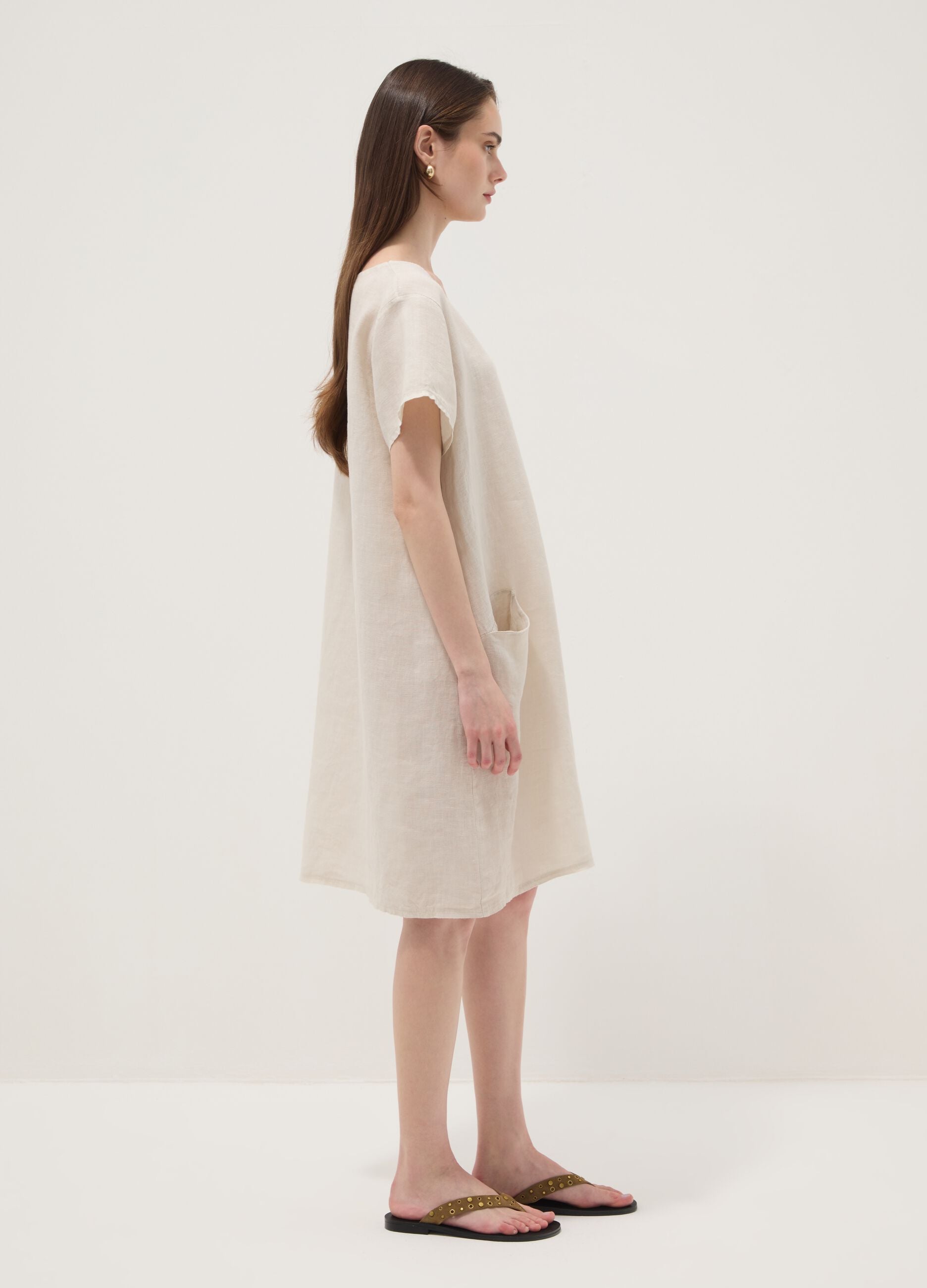 Beige pure linen dress with patch pockets, regular fit