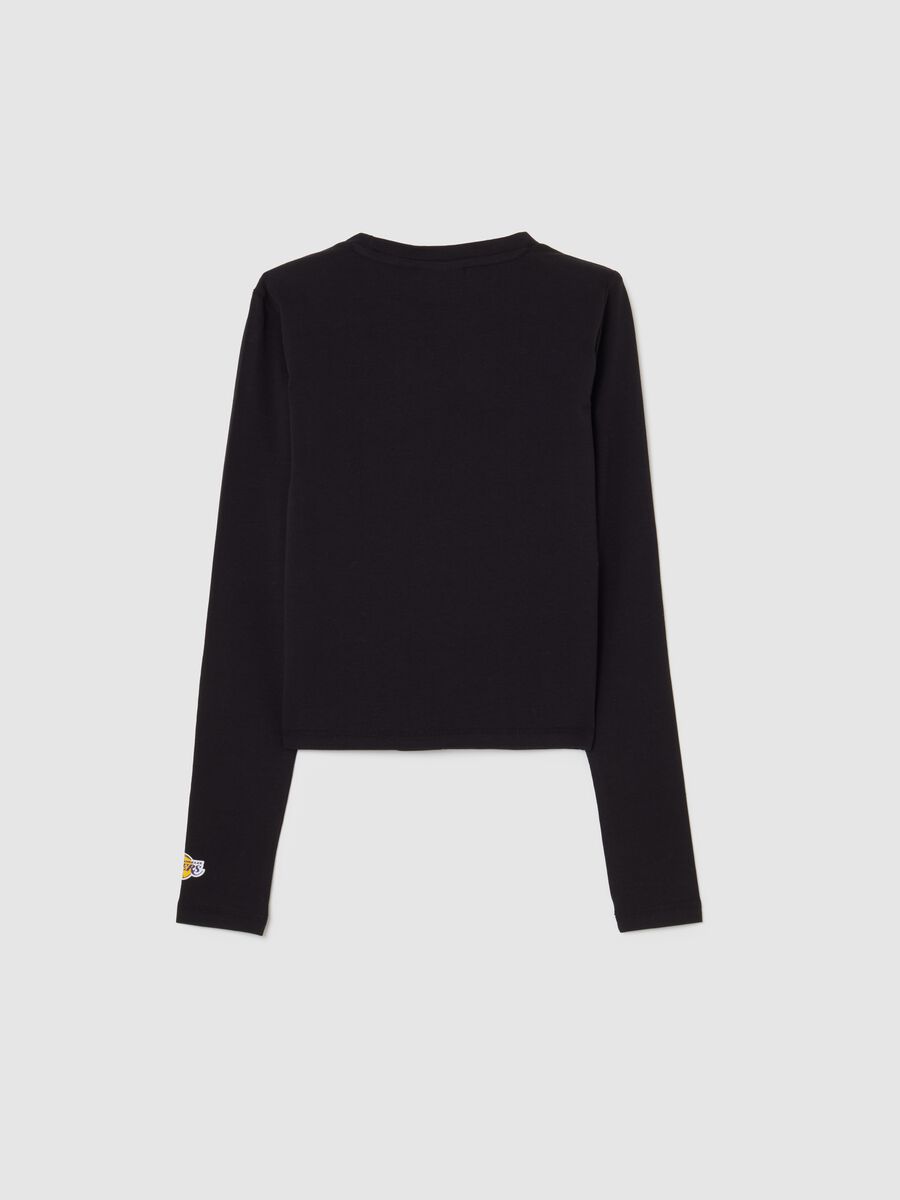 T-shirt nera da ragazza in misto cotone slim fit con stampa Lakers_4