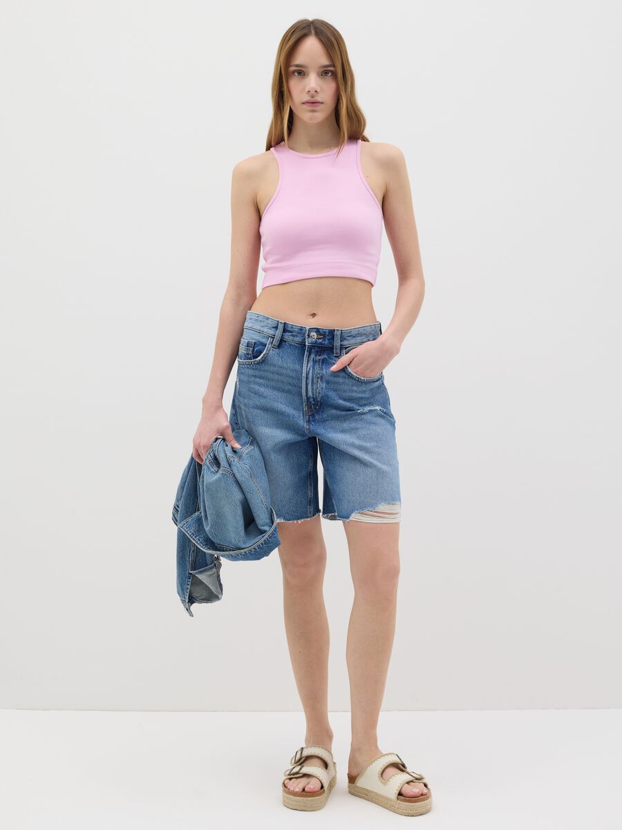 Pink Ribbed Crop Top in Stretch Cotton B.Angel_1