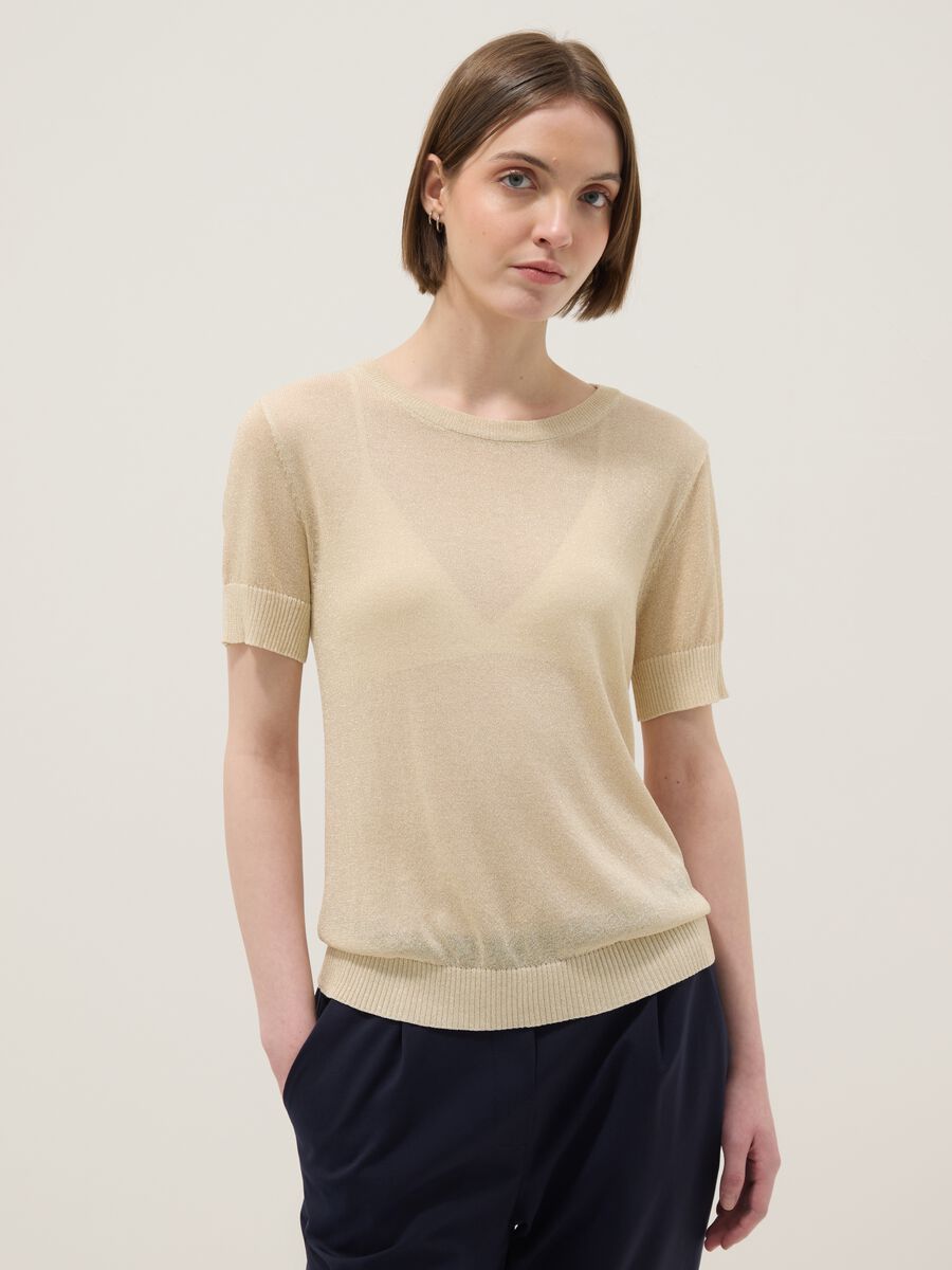 Beige viscose blend regular fit T-shirt with transparent accents_0