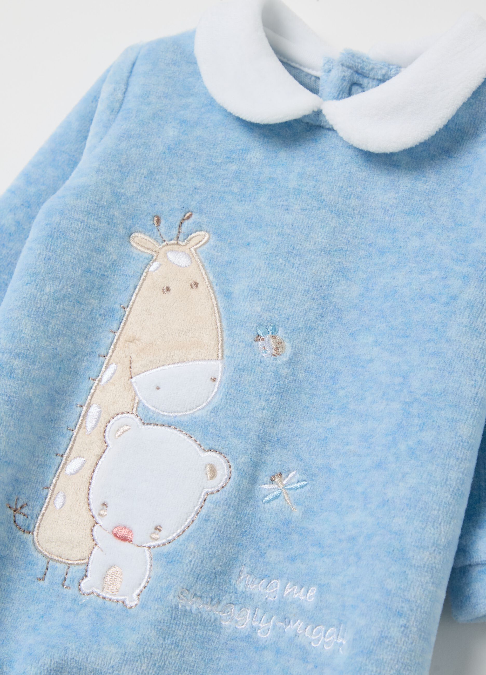 Velour onesie with feet and animals embroidery