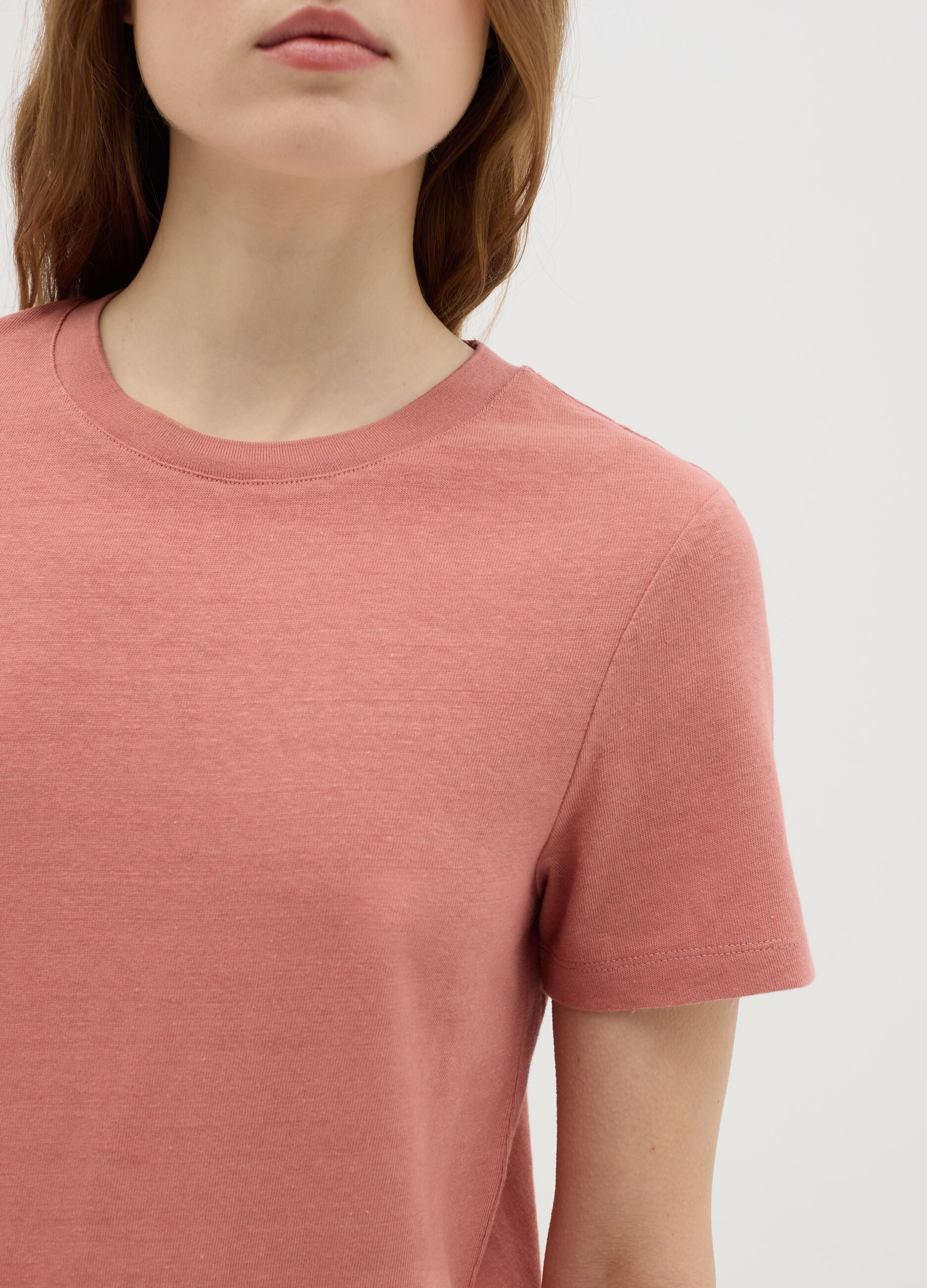 Women’s pink regular-fit T-shirt in cotton and linen blend