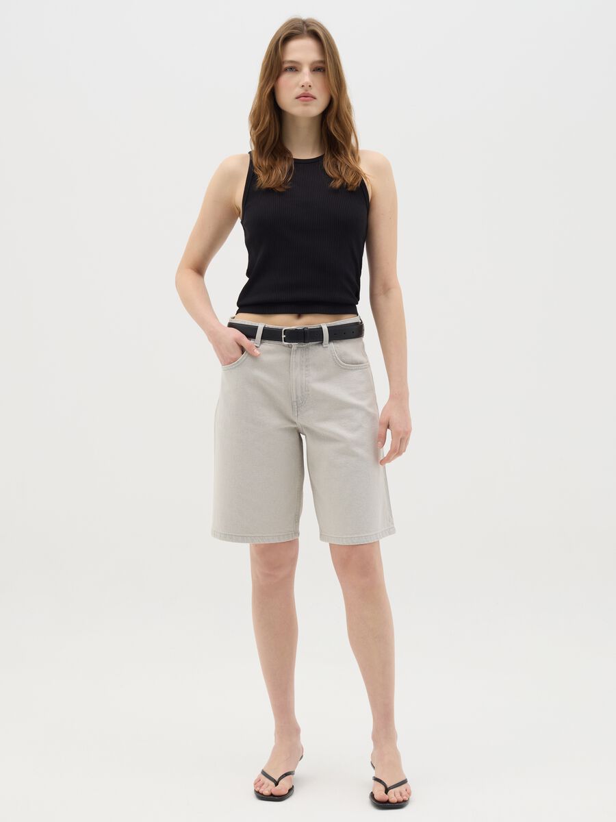 White cotton denim bermuda shorts_0