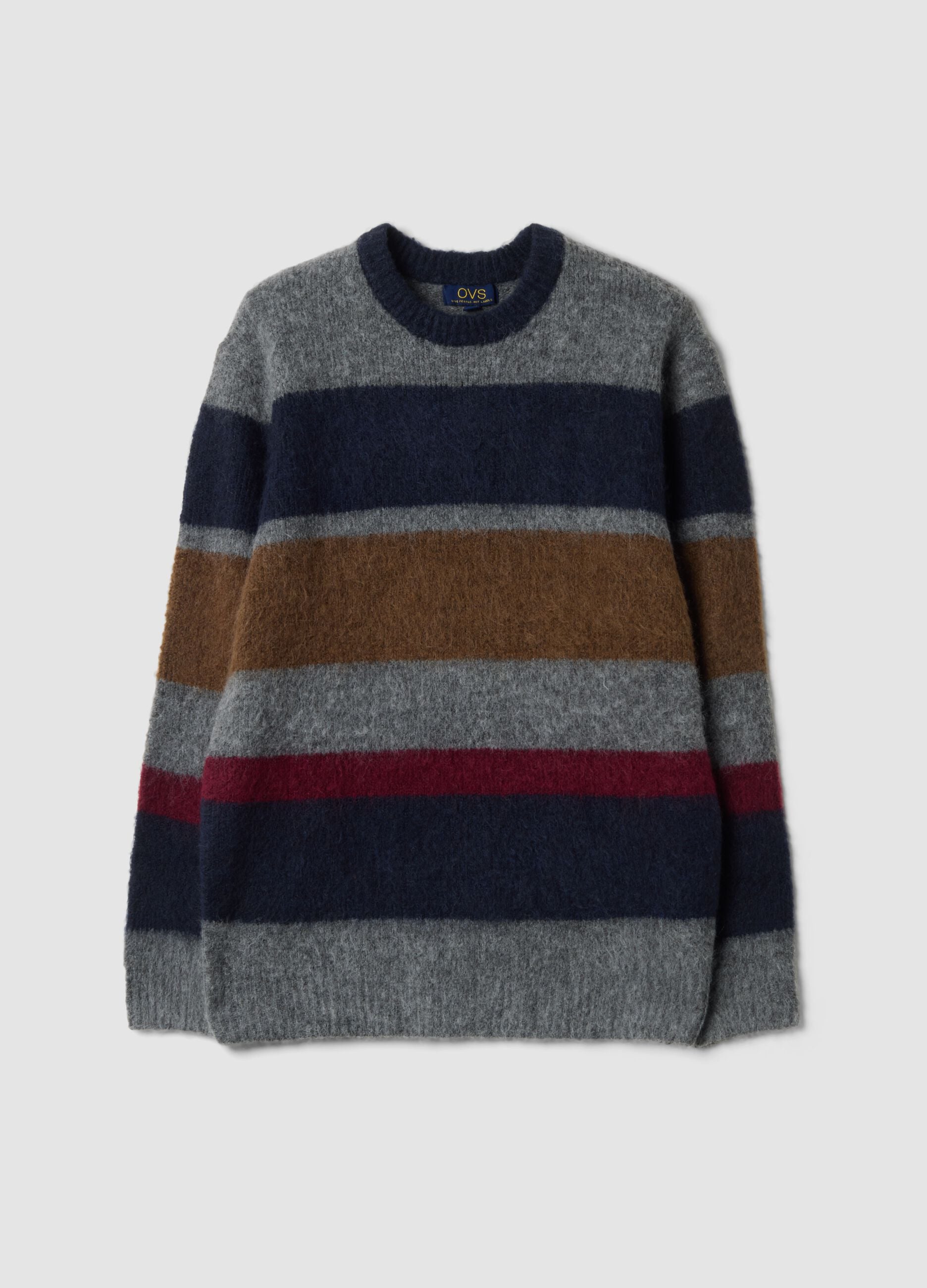 Grey striped stretch wool crew-neck jumper, regular fit