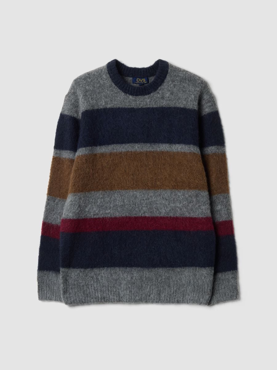 Maglione grigio in lana elasticizzata a righe con girocollo regular fit_0