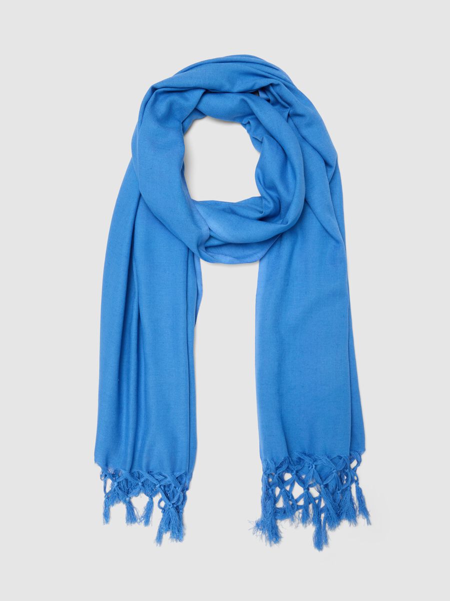 Blue Viscose and Linen Blend Scarf with Fringes_0