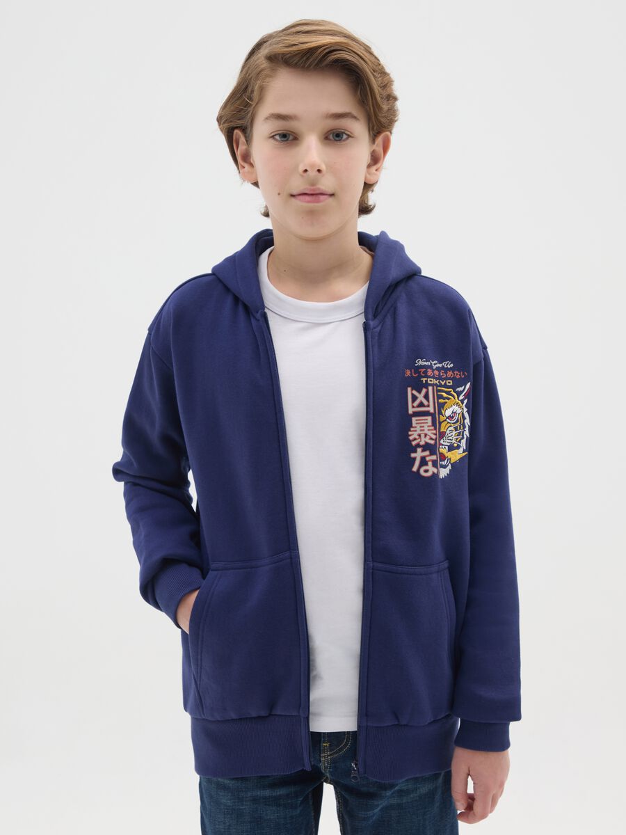 Children's blue hooded sweatshirt in regular fit cotton blend with print_0