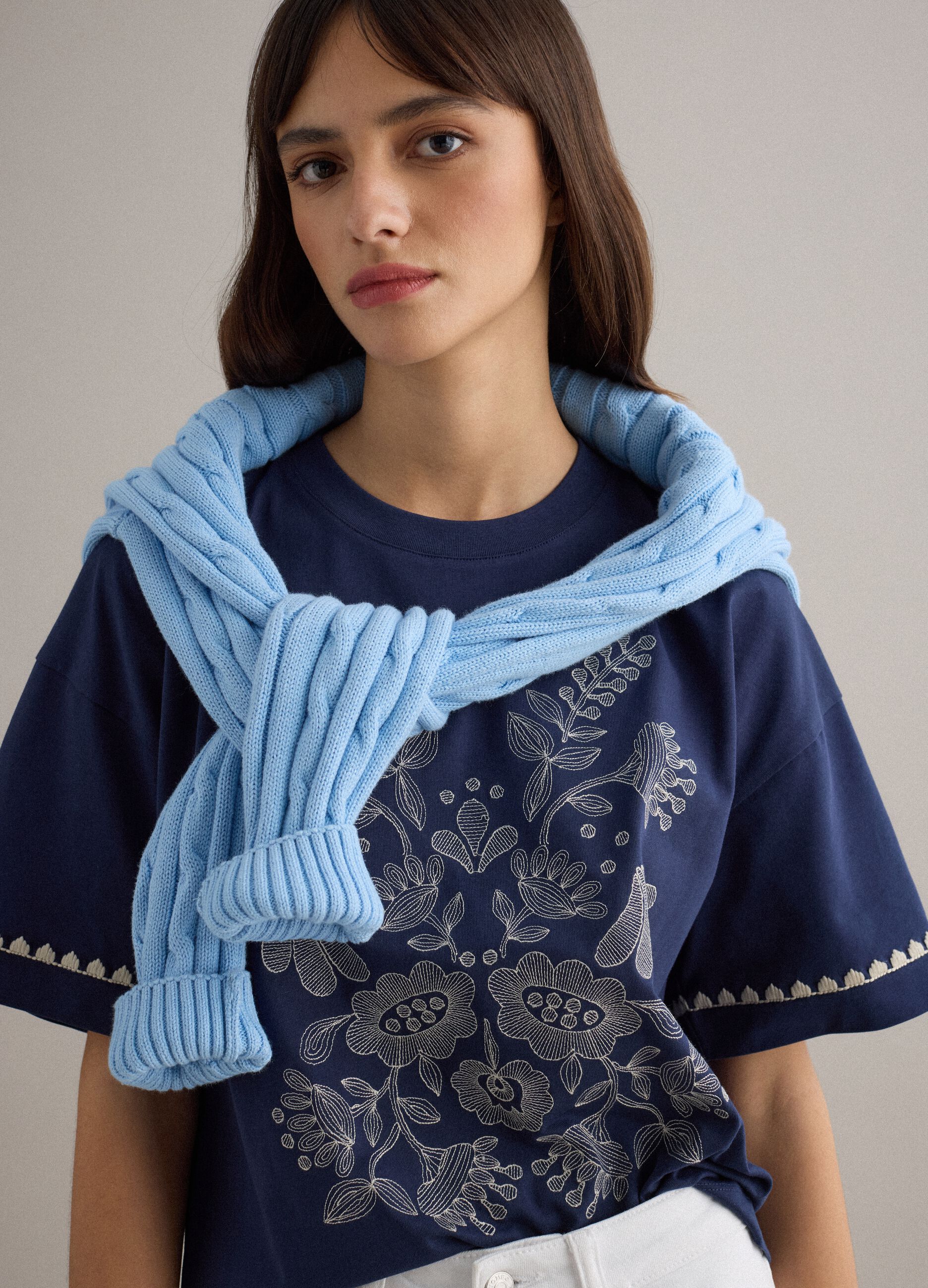 Blue boxy fit pure cotton T-shirt with embroidery