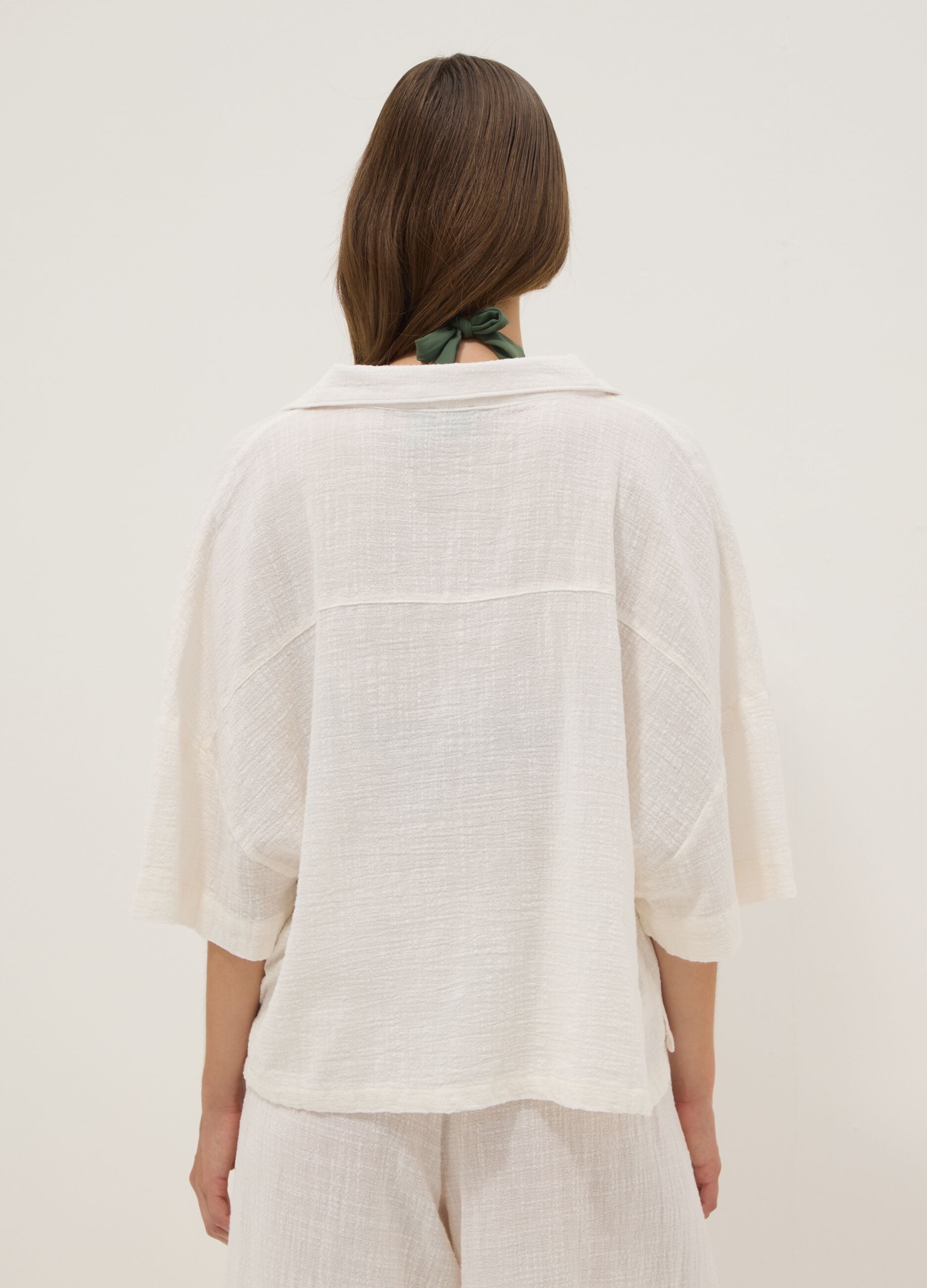 Short white pure cotton kaftan with V-neck