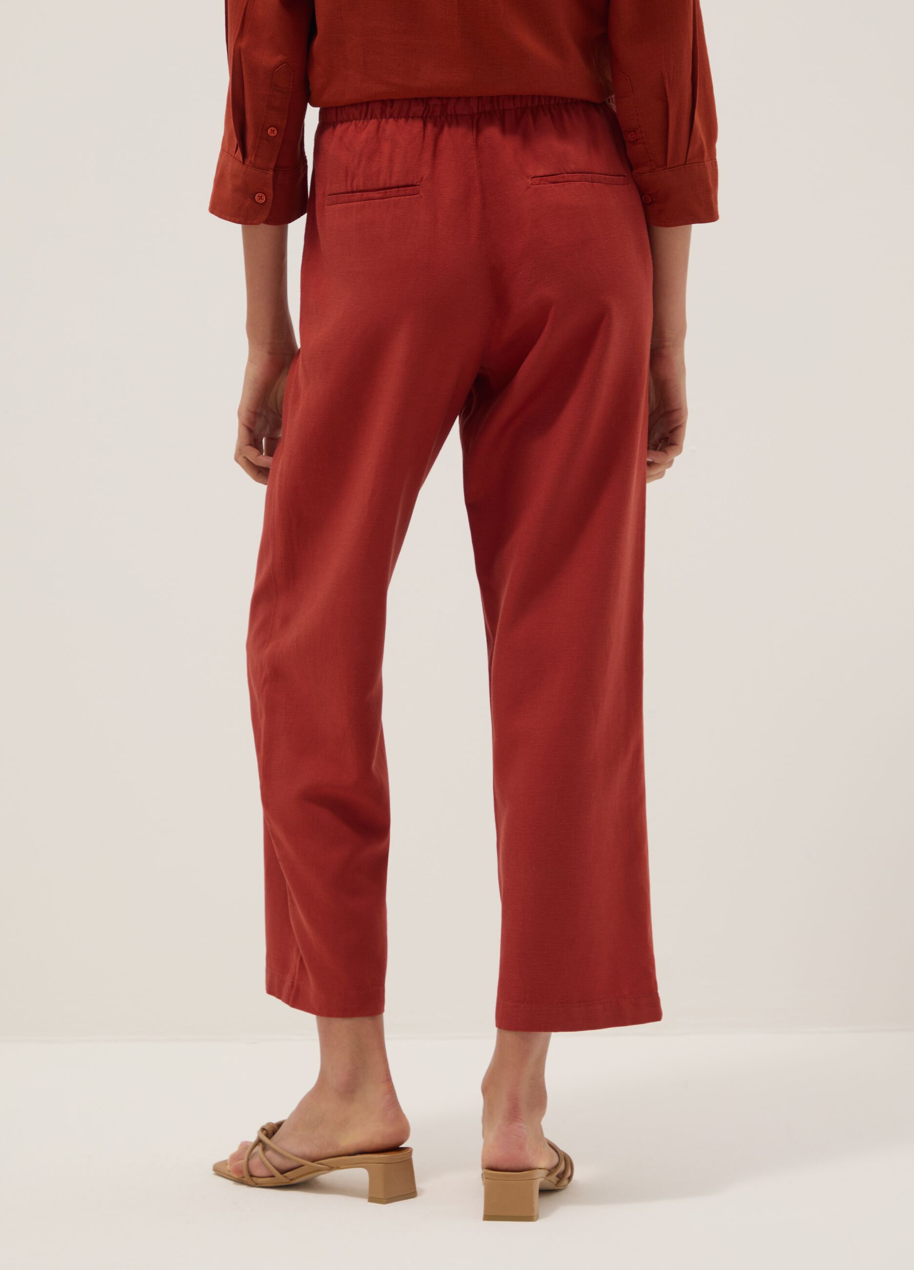 Red viscose-linen blend straight-fit trousers with drawstring