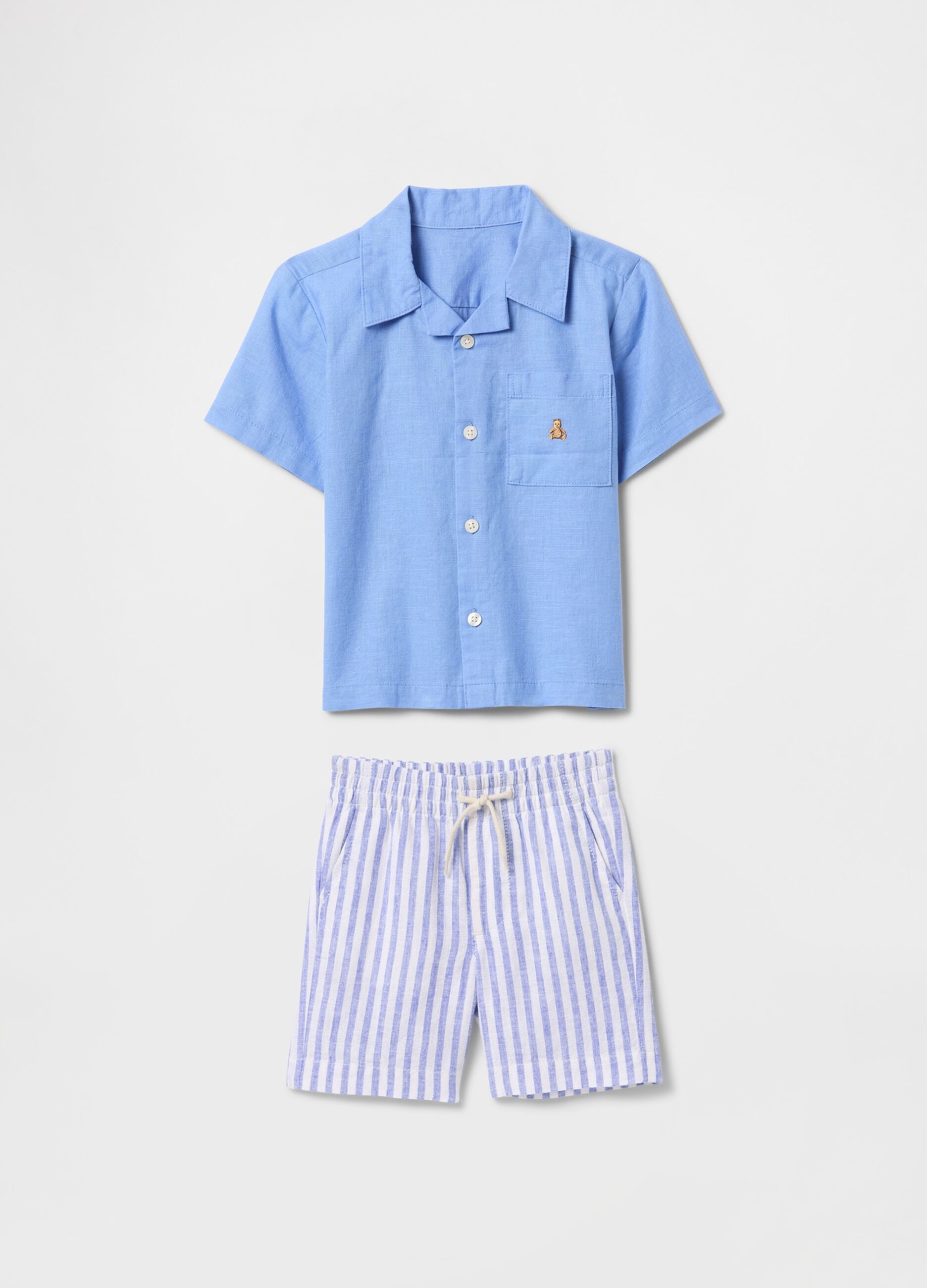 Blue shirt and white and blue striped shorts set