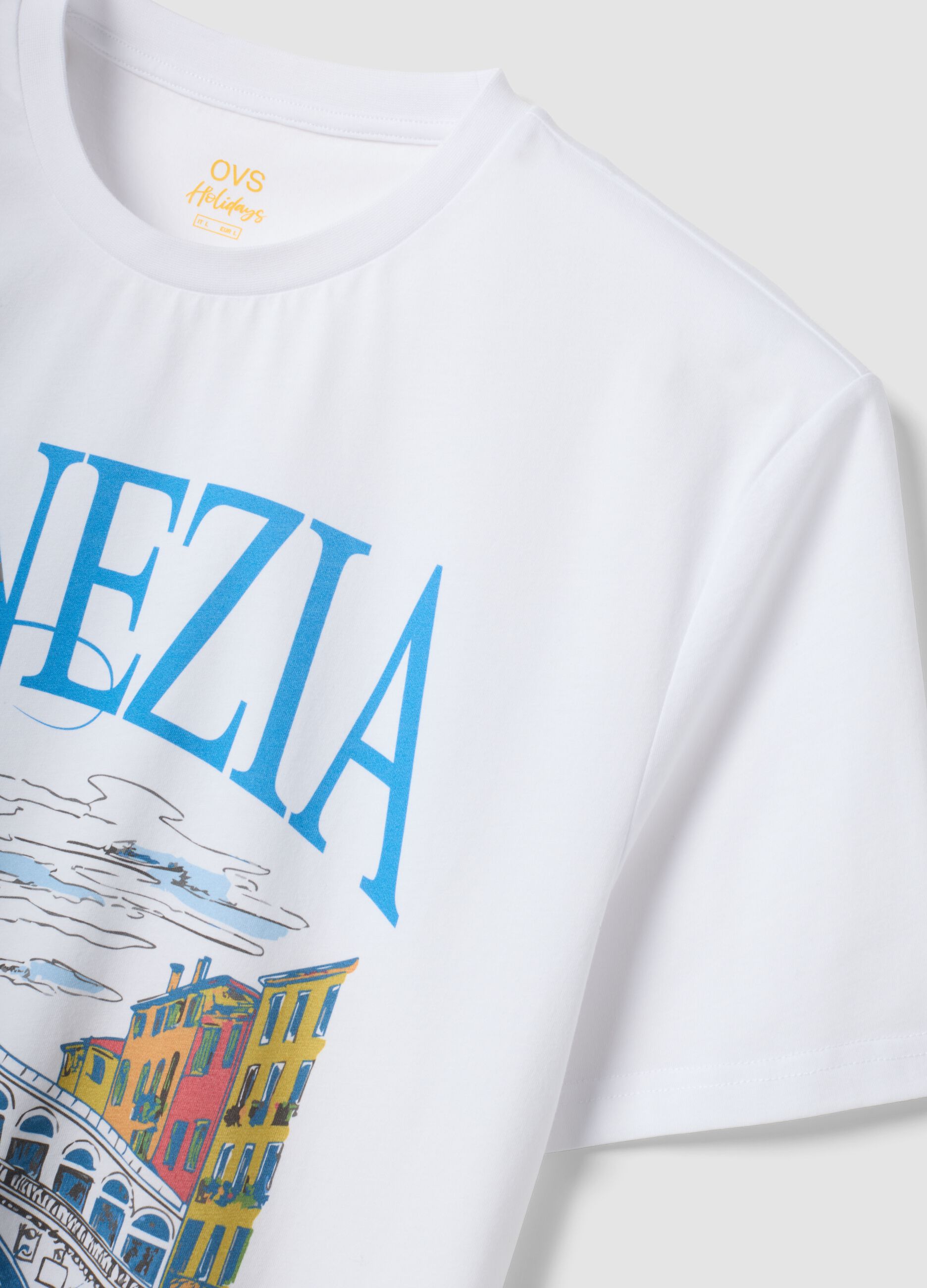 White 100% cotton T-shirt with graphic print, regular fit