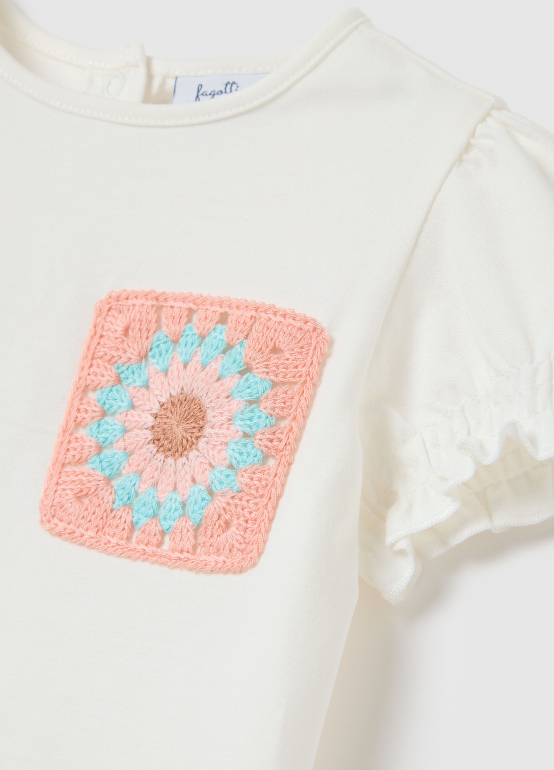 T-shirt da neonata in cotone bianco regular fit con crochet