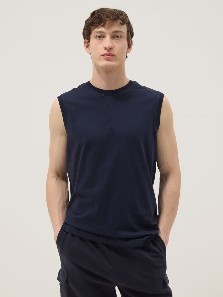Canotta girocollo blu in puro cotone relaxed fit_0