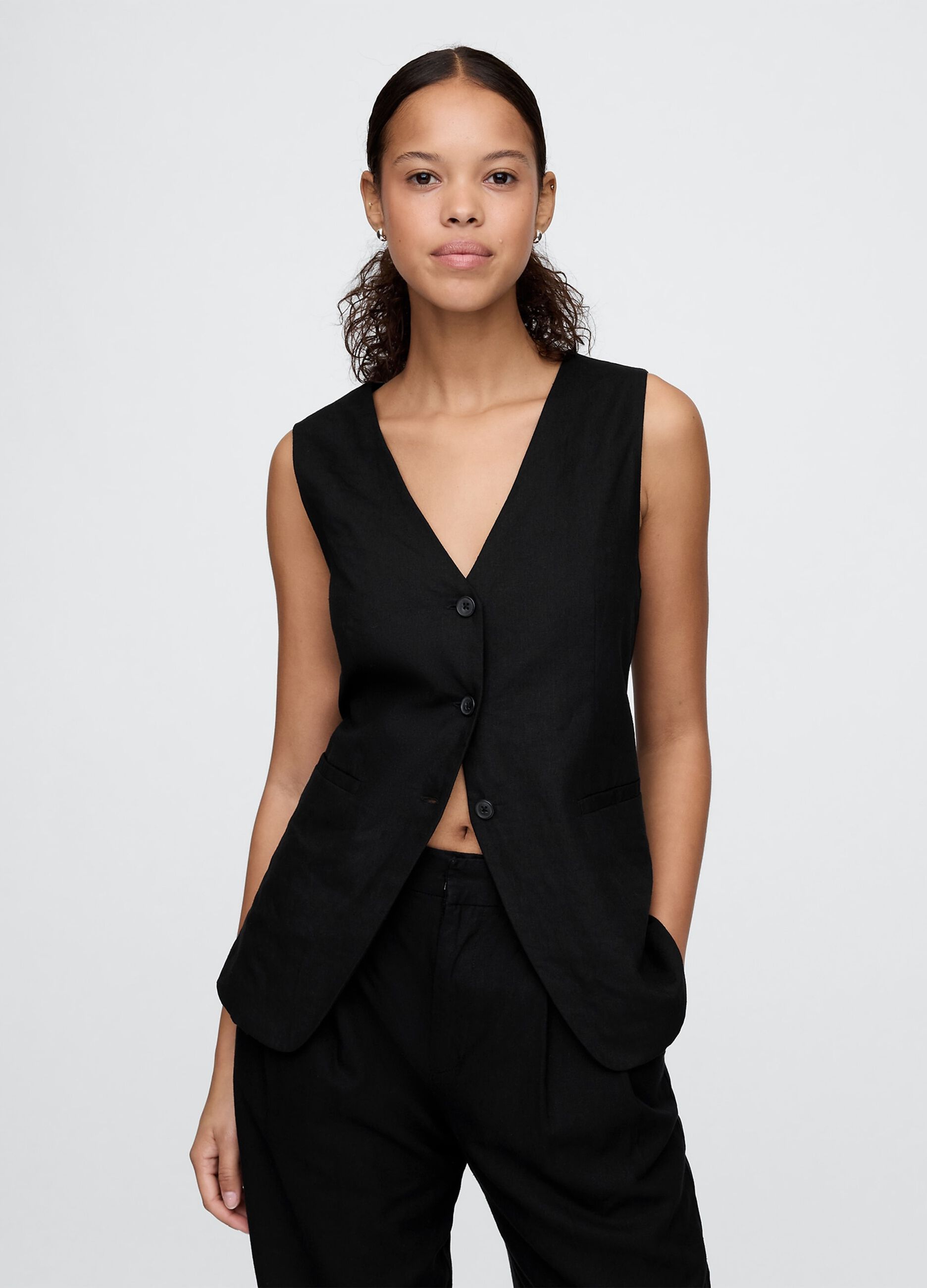 Black Linen and Viscose Waistcoat