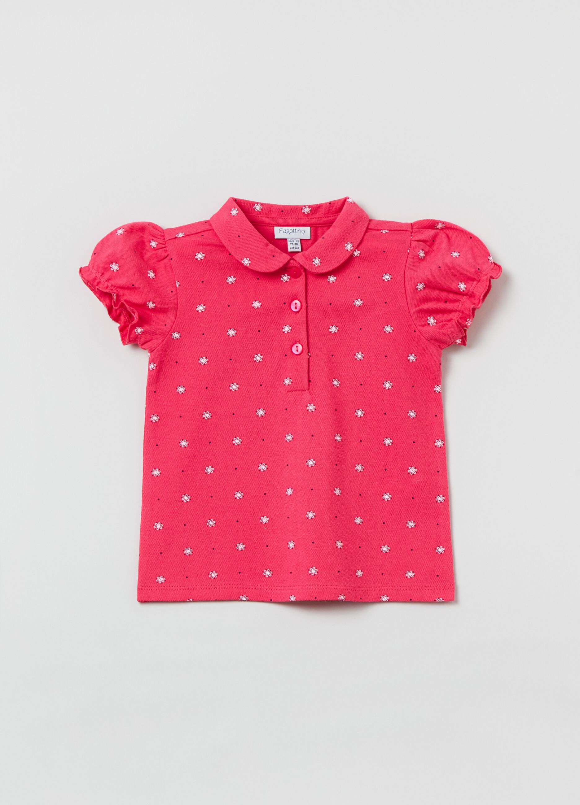 Stretch cotton polo shirt with small flowers print