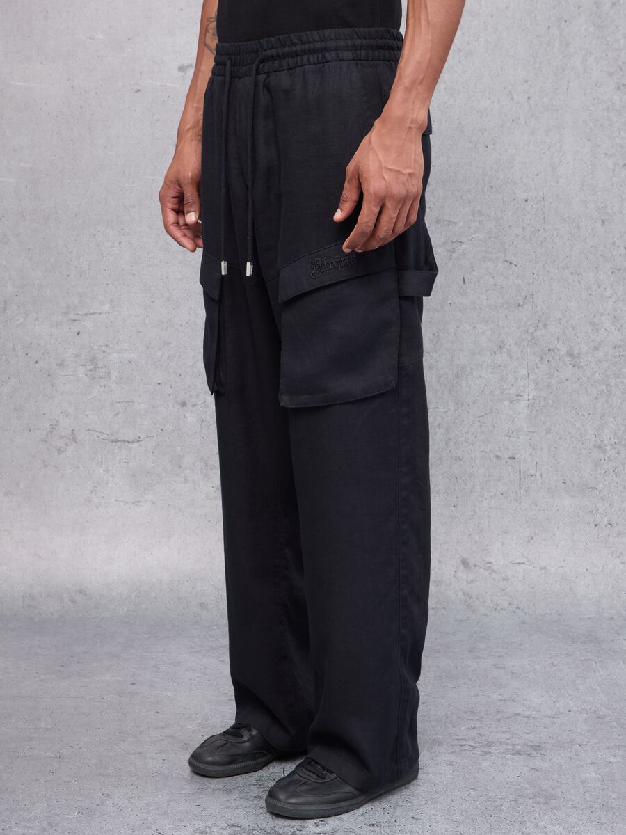 100% Linen Black Cargo Trousers_2