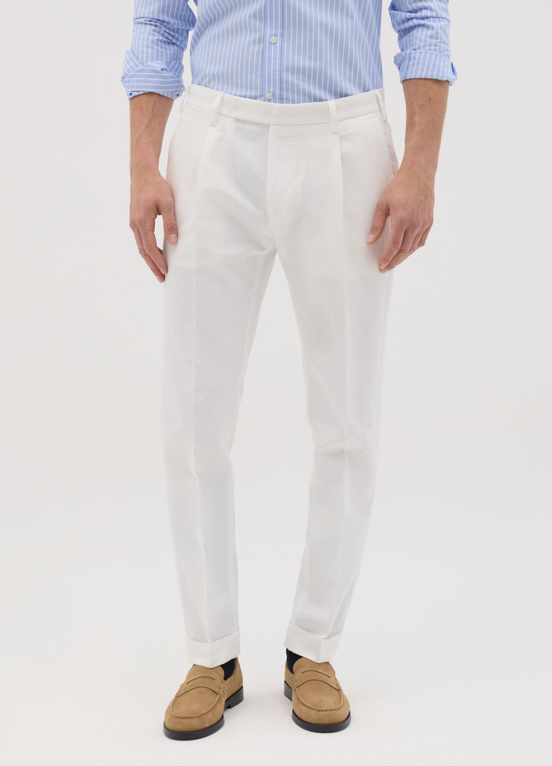 Pantaloni da uomo in cotone e lino bianco regular fit