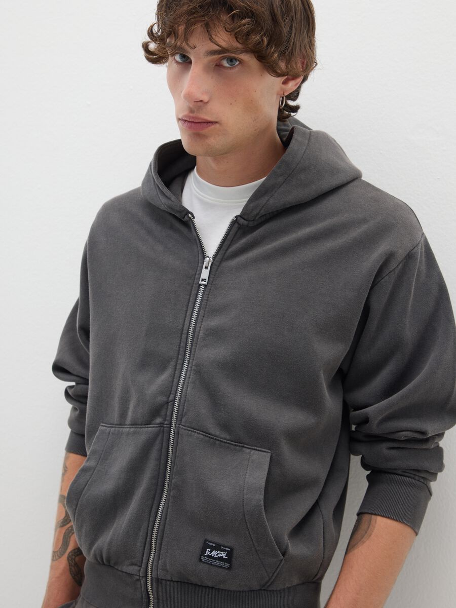 Black cotton blend hoodie with zip_0