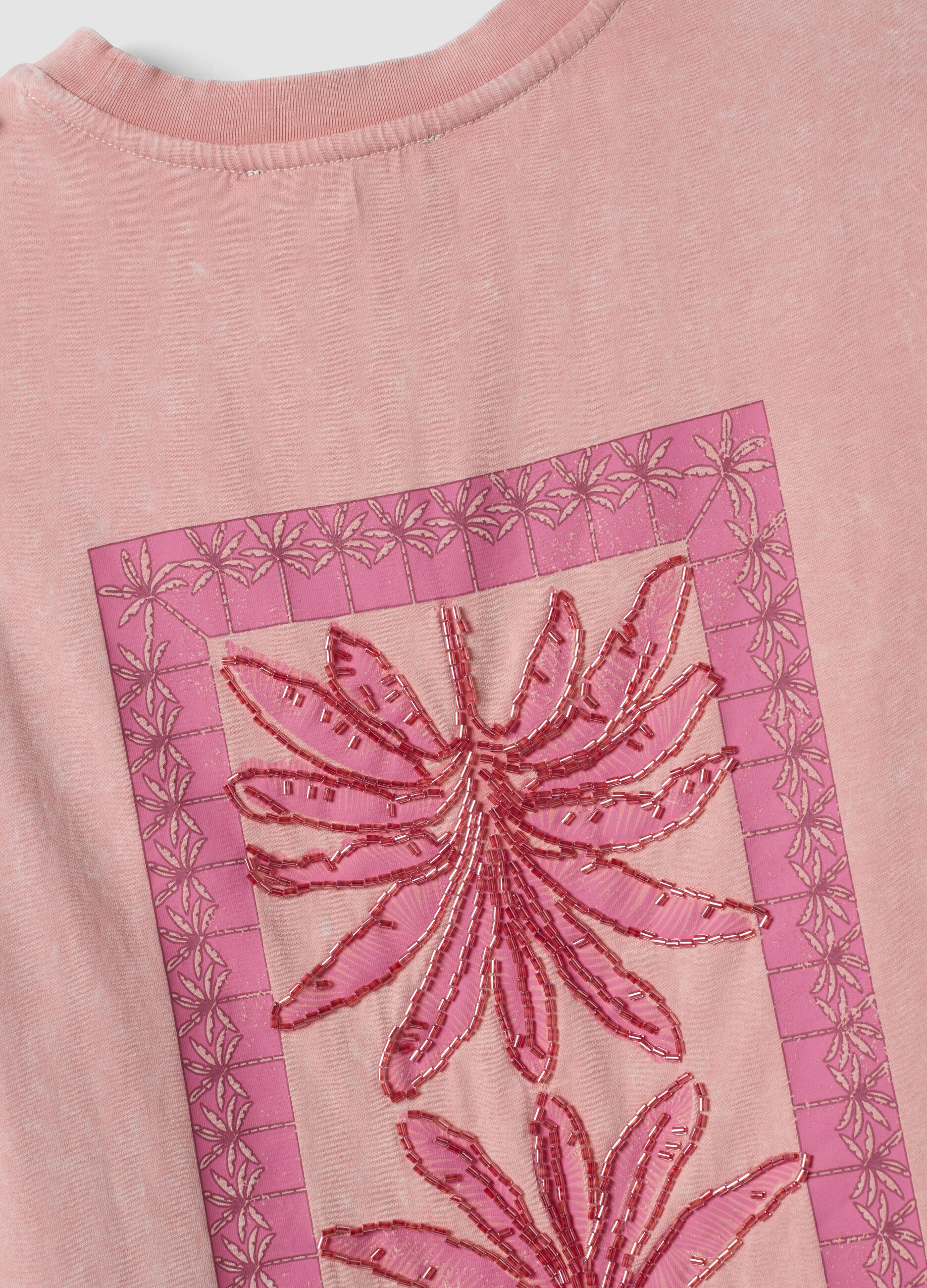 Pink pure cotton T-shirt with embroidery