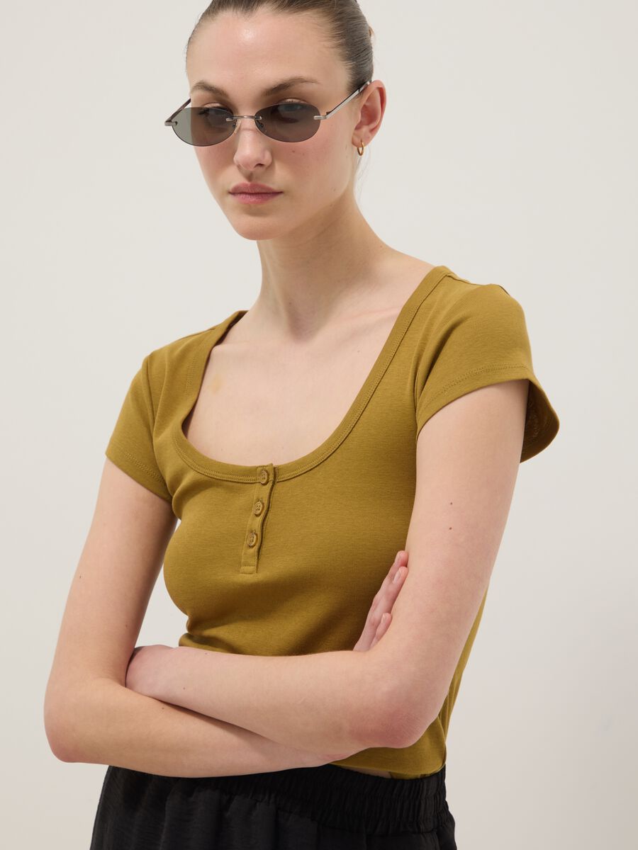 Yellow pure cotton regular fit T-shirt with deep henley neckline_0