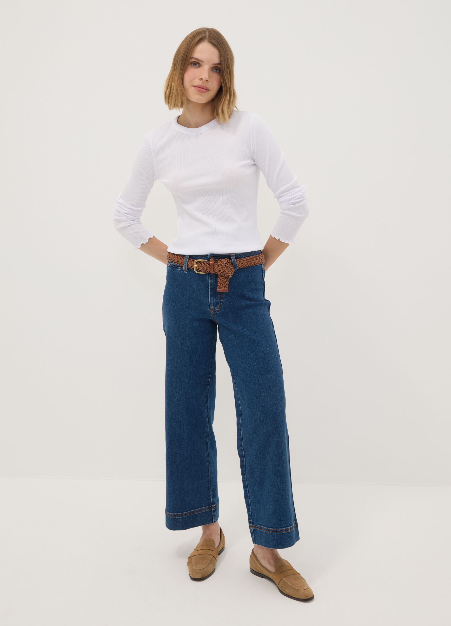 White pure cotton long-sleeve crew-neck T-shirt, regular fit