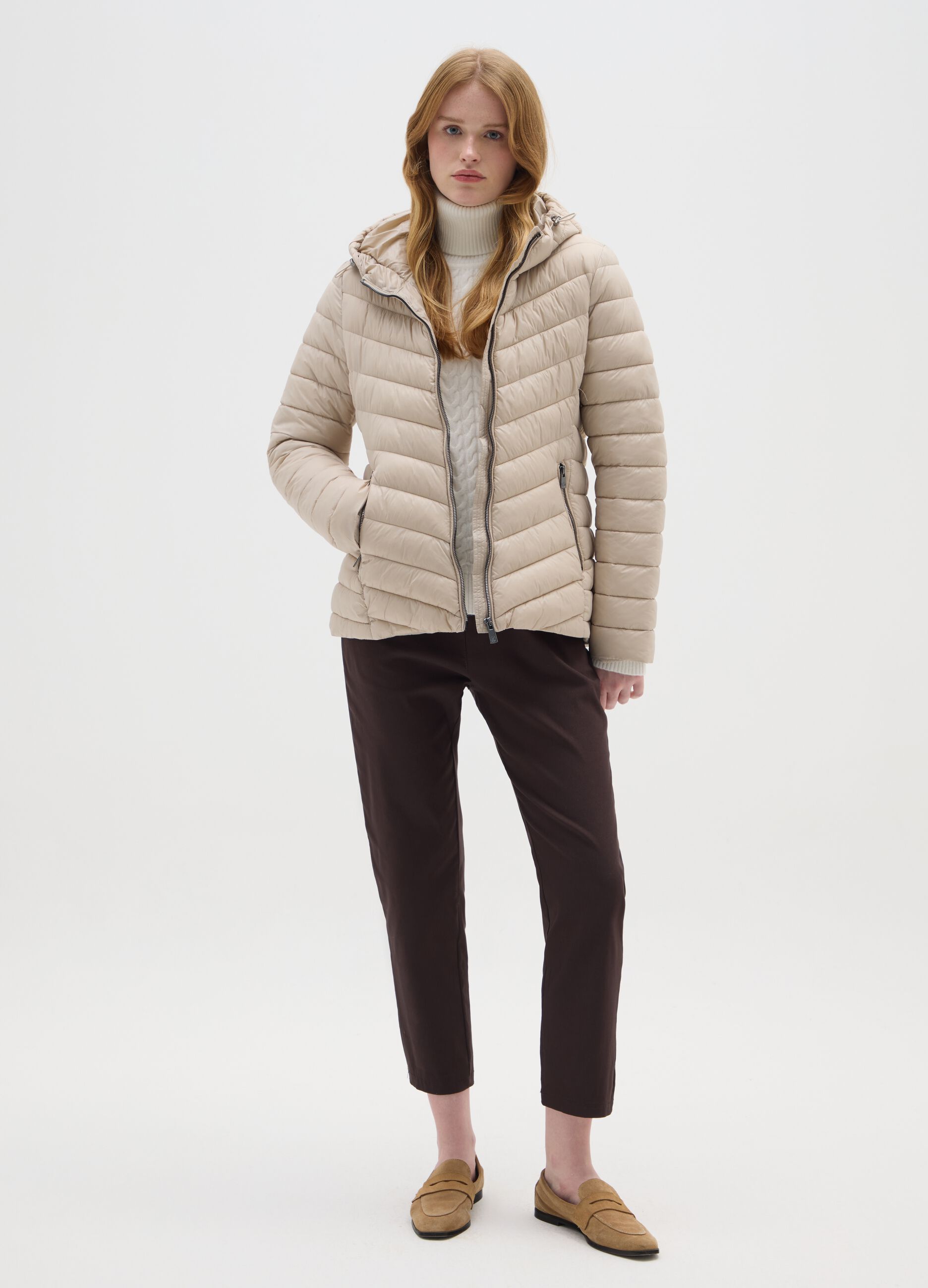 Regular fit padded beige jacket with hood