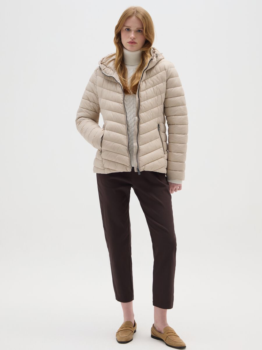 Regular fit padded beige jacket with hood_1
