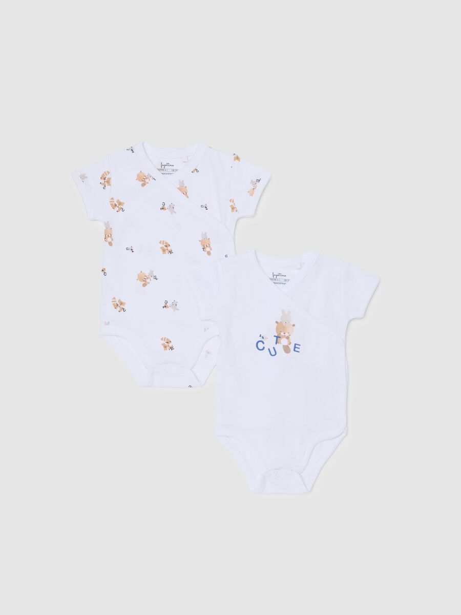 Newborn Girls’ White Cotton Bipack Bodysuit with Animal Print_0