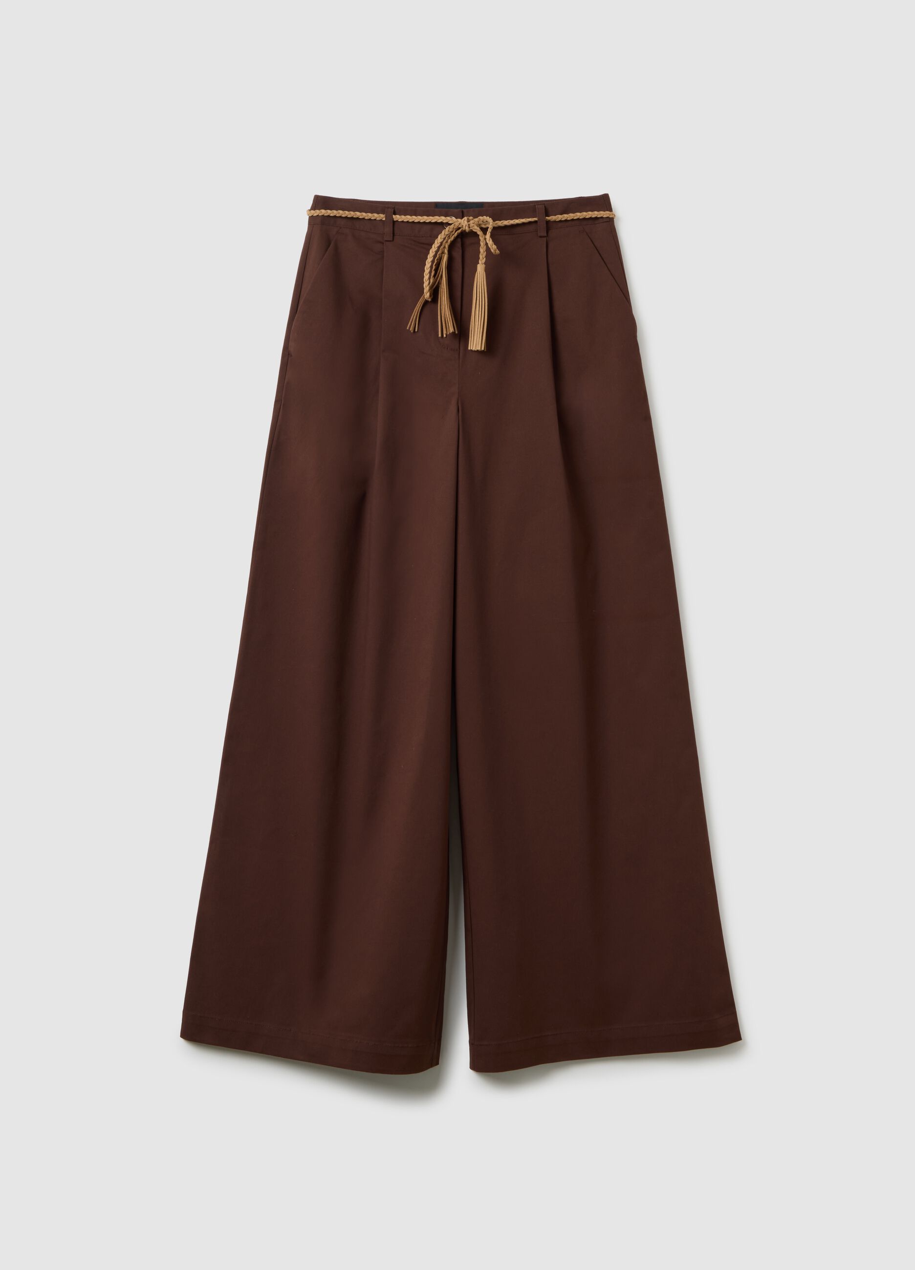 Brown stretch cotton wide leg trousers