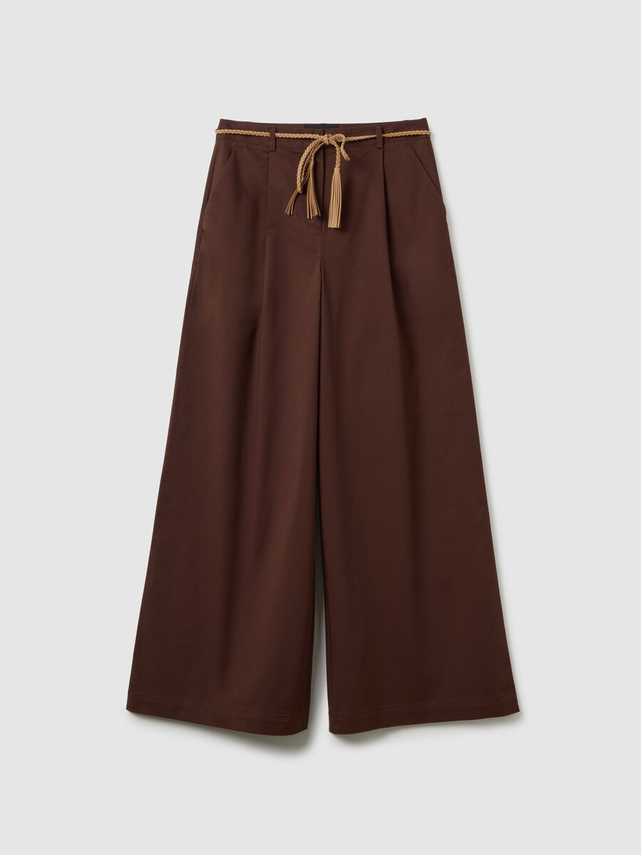 Brown stretch cotton wide leg trousers_4