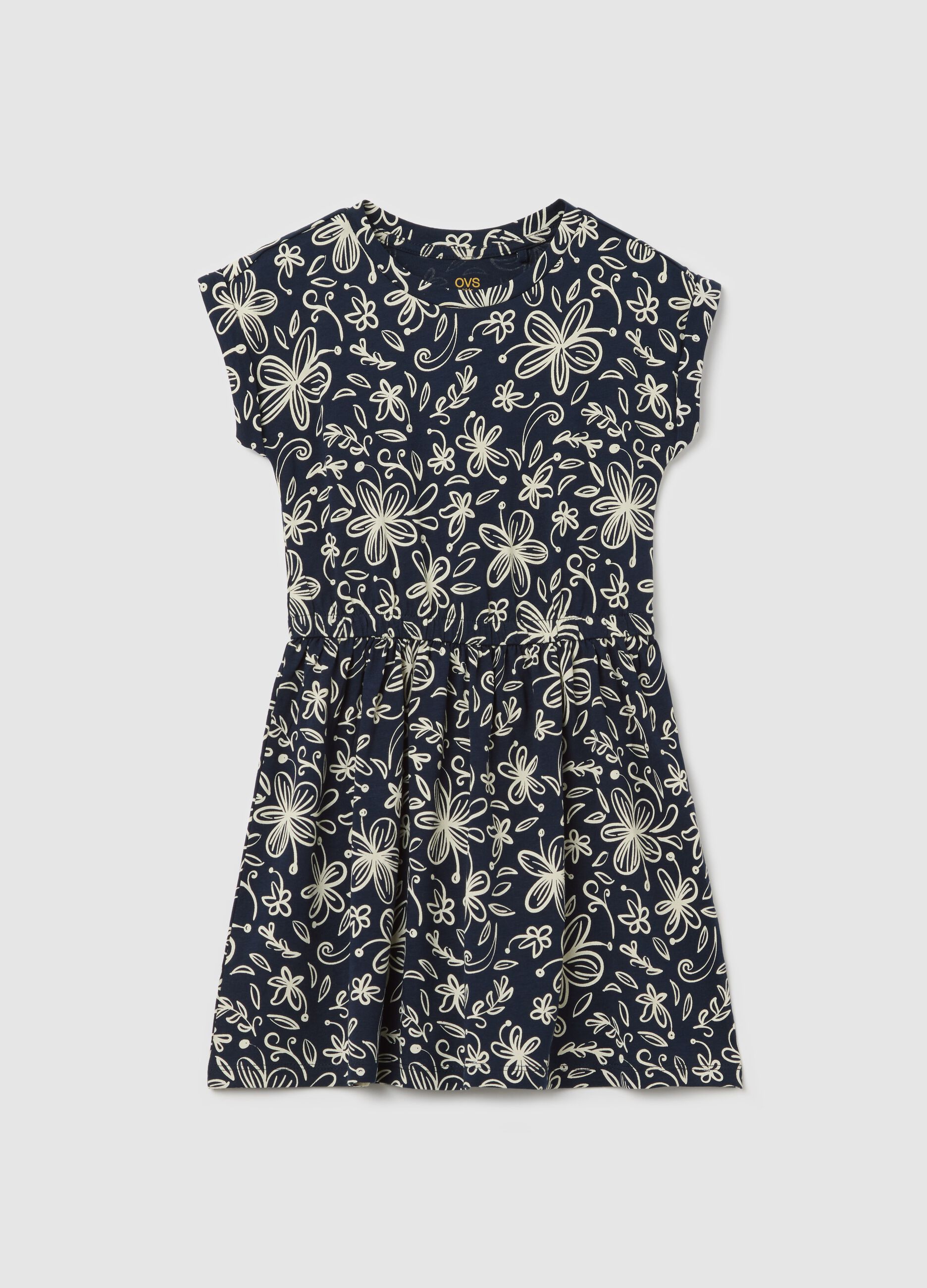 Blue sleeveless dress with floral motifs