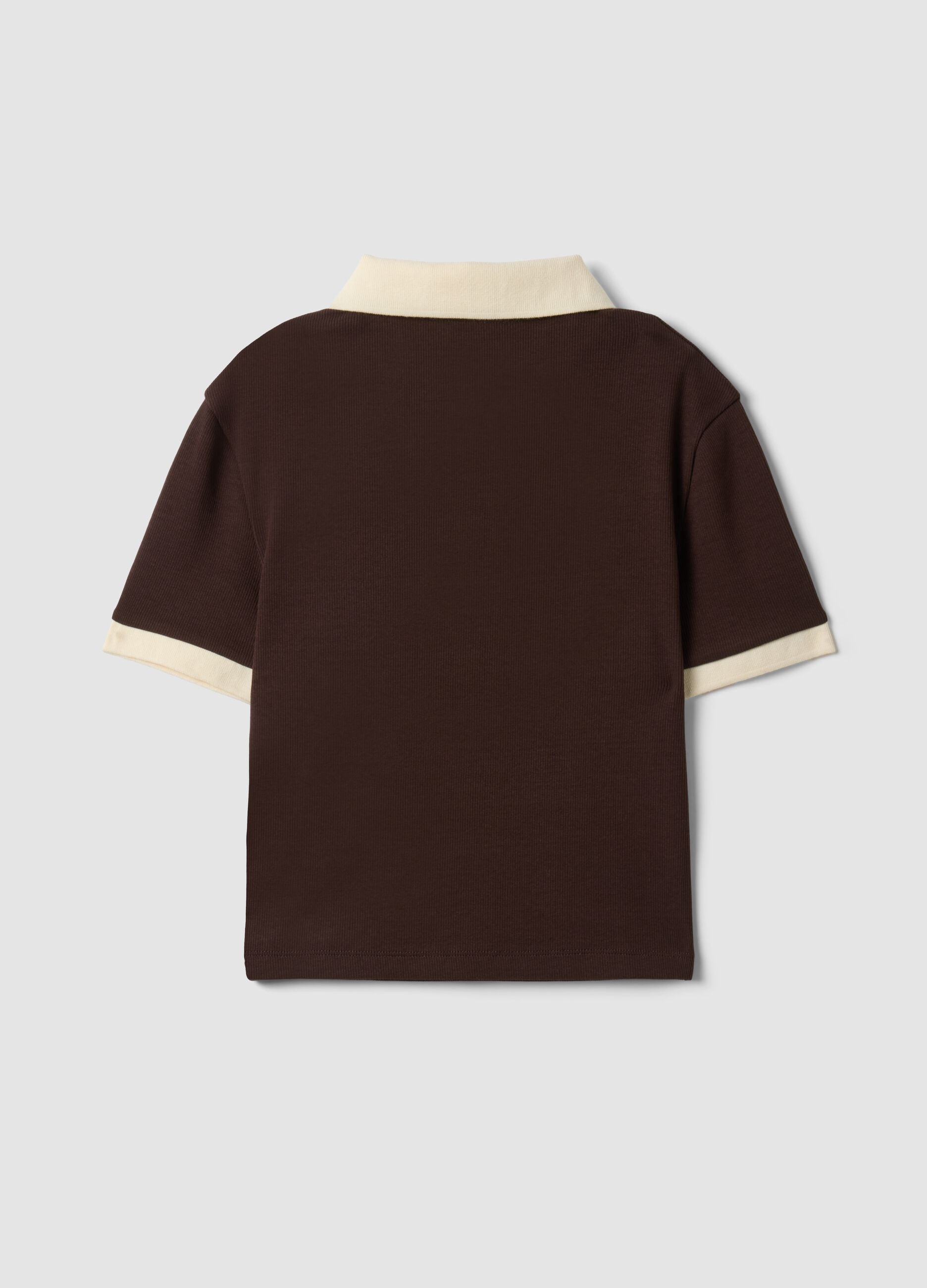 Brown cropped stretch cotton polo with print, regular fit