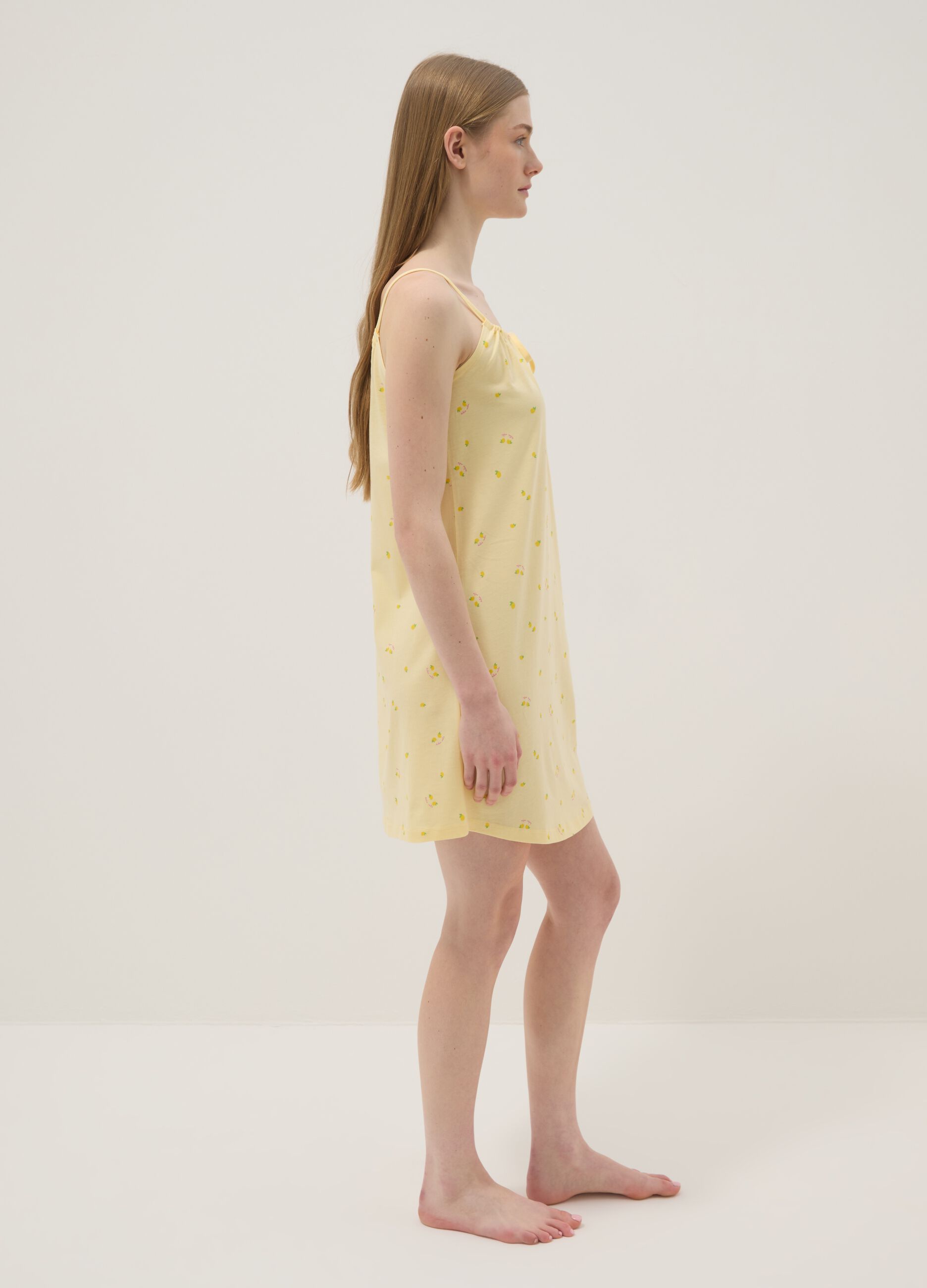 Yellow pure cotton nightdress with straps and lemon print