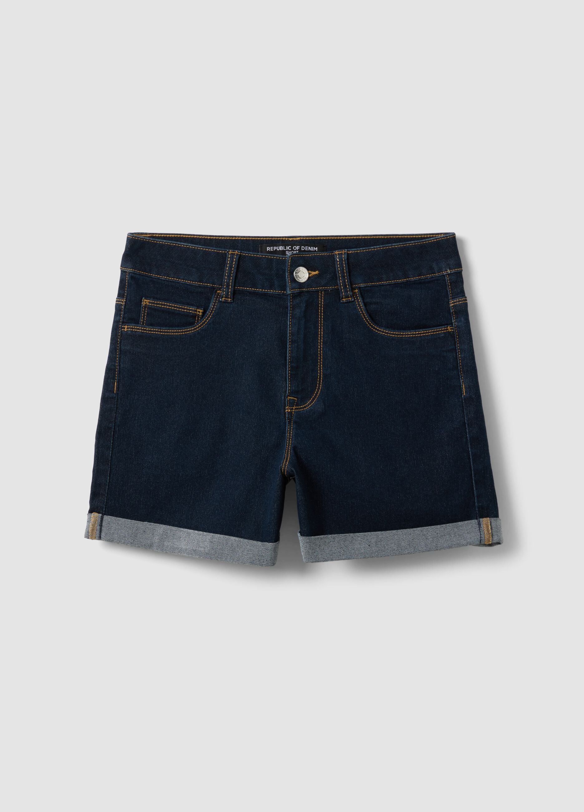 Dark blue stretch cotton denim shorts, regular fit