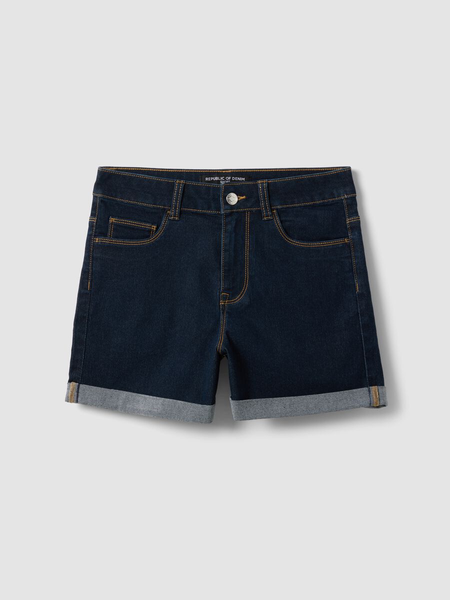Dark blue stretch cotton denim shorts, regular fit_0