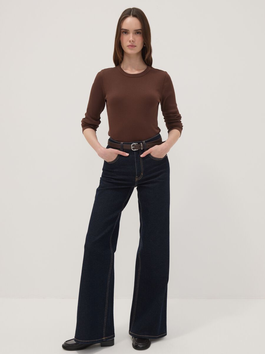 T-shirt marrone a maniche lunghe in puro cotone_1