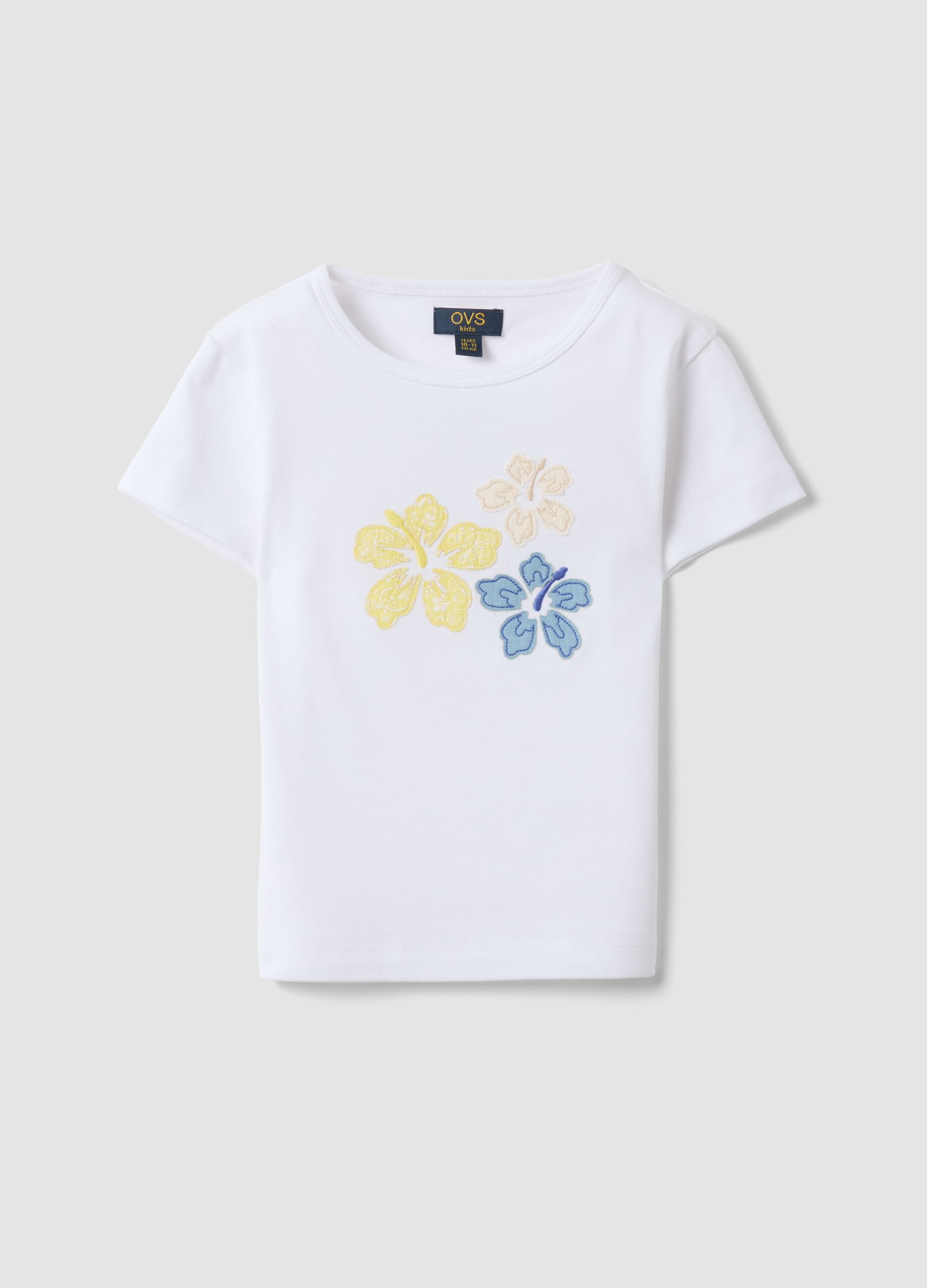 White pure cotton T-shirt with embroidered flowers